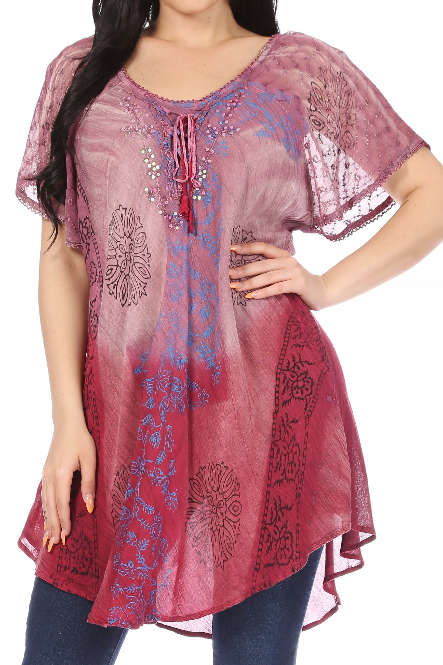 Sakkas Marzia Women's Loose Fit Short Sleeve Casual Tie Dye Batik Blouse Top Tunic - Concordia Style Boutique