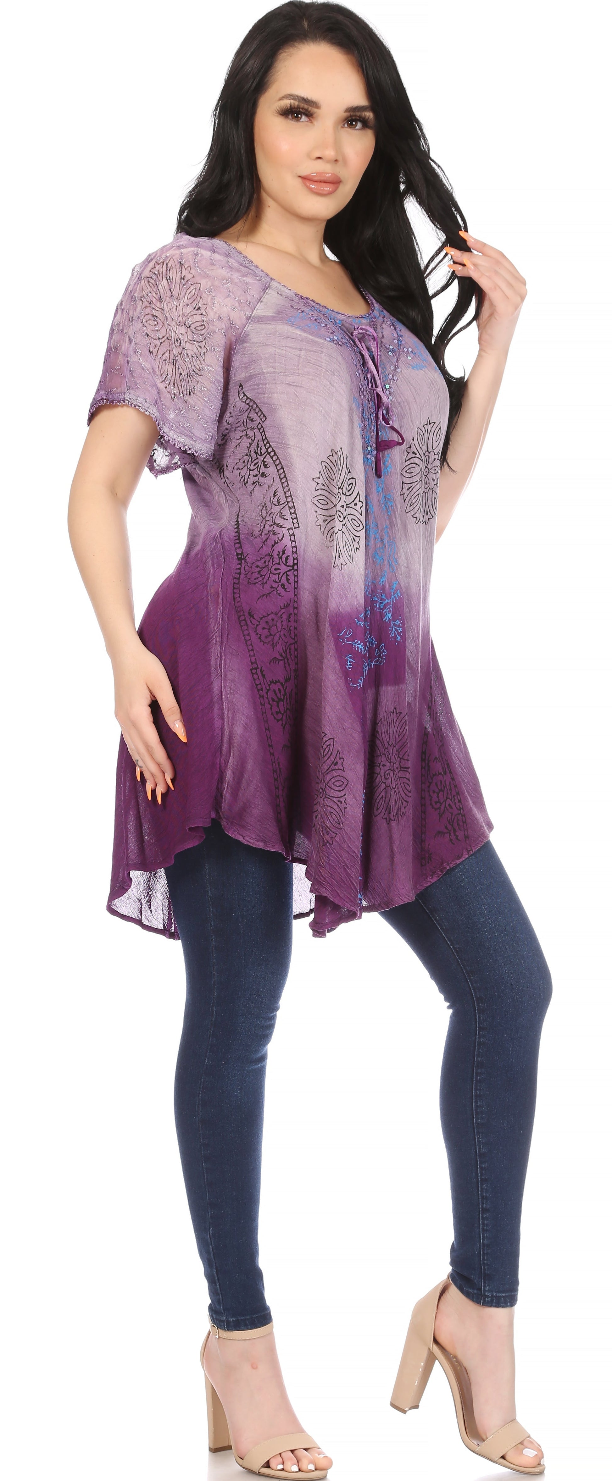 Sakkas Marzia Women's Loose Fit Short Sleeve Casual Tie Dye Batik Blouse Top Tunic - Concordia Style Boutique