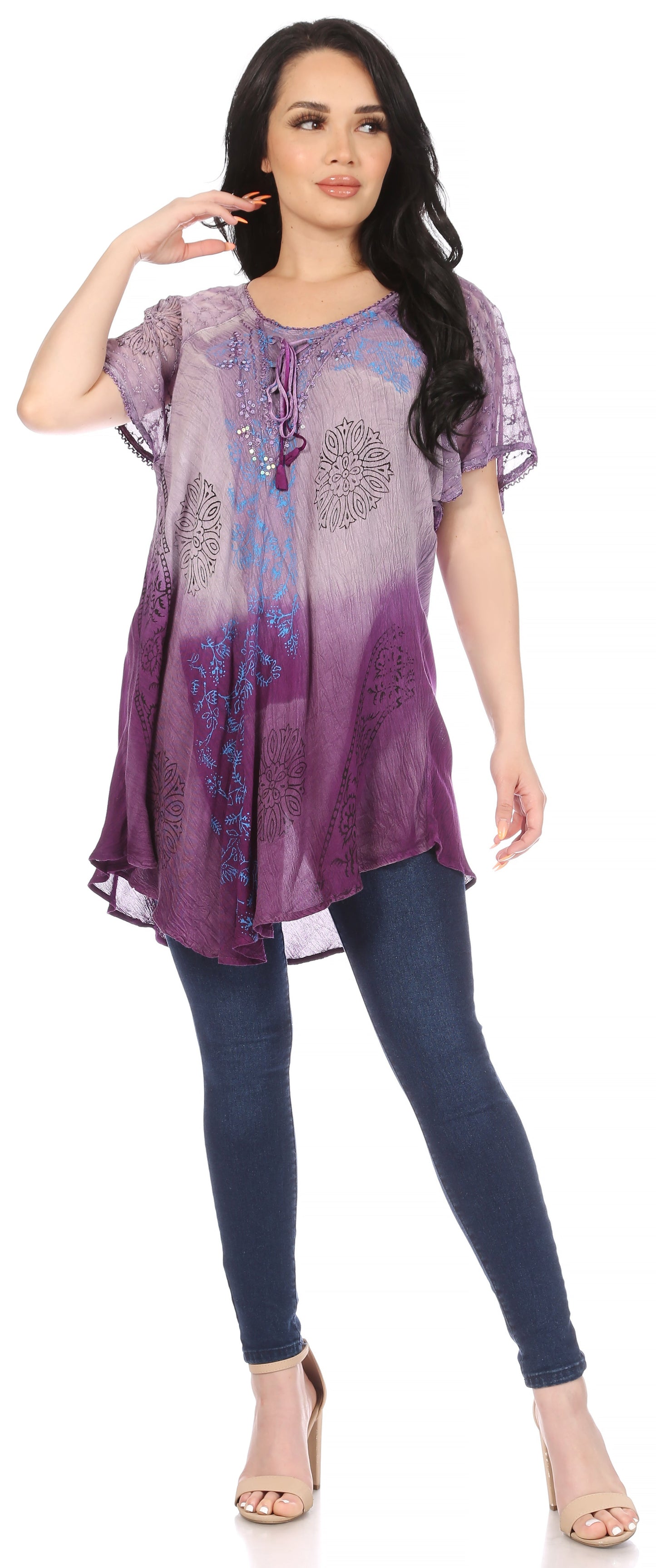 Sakkas Marzia Women's Loose Fit Short Sleeve Casual Tie Dye Batik Blouse Top Tunic - Concordia Style Boutique