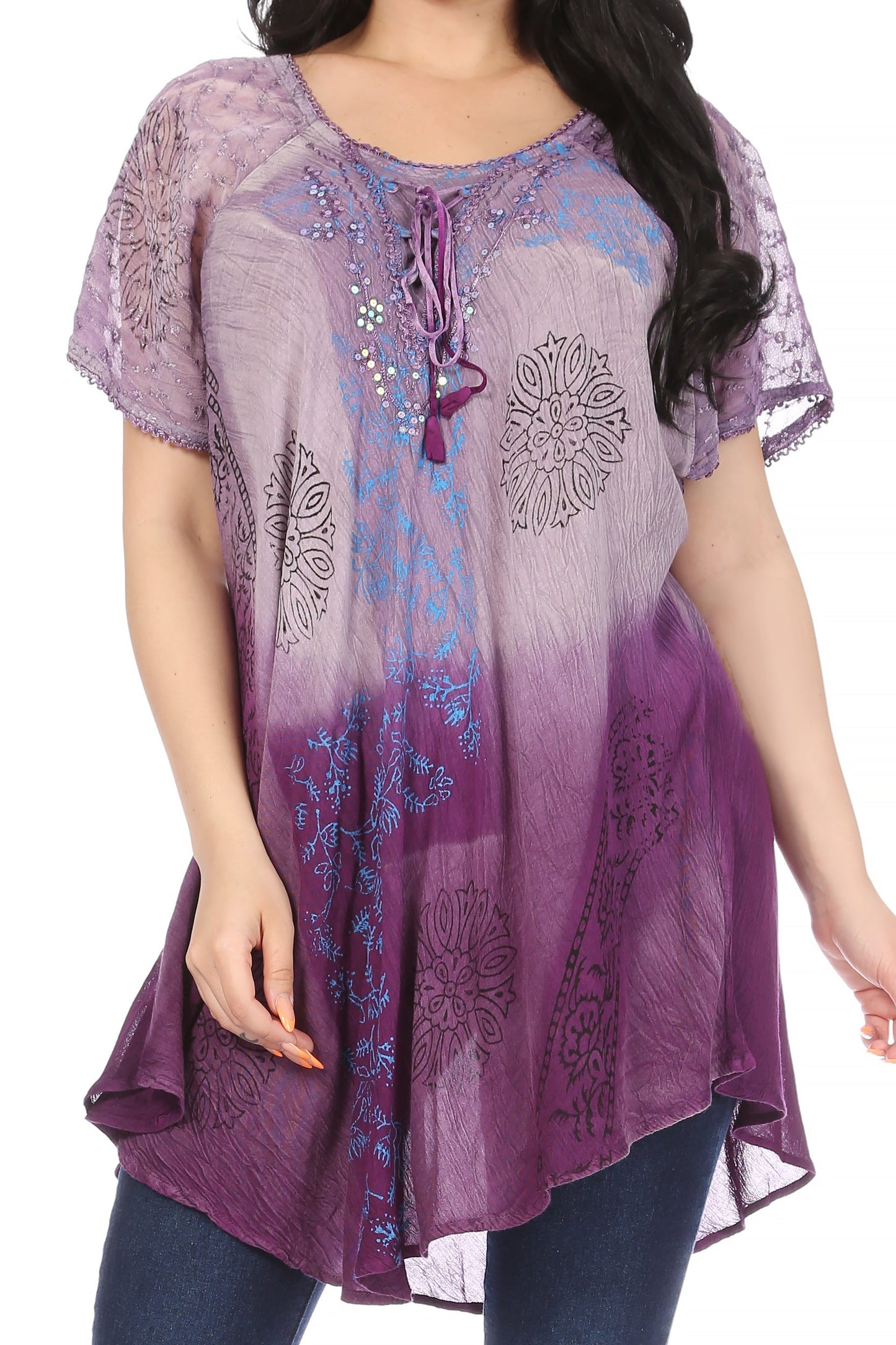 Sakkas Marzia Women's Loose Fit Short Sleeve Casual Tie Dye Batik Blouse Top Tunic - Concordia Style Boutique