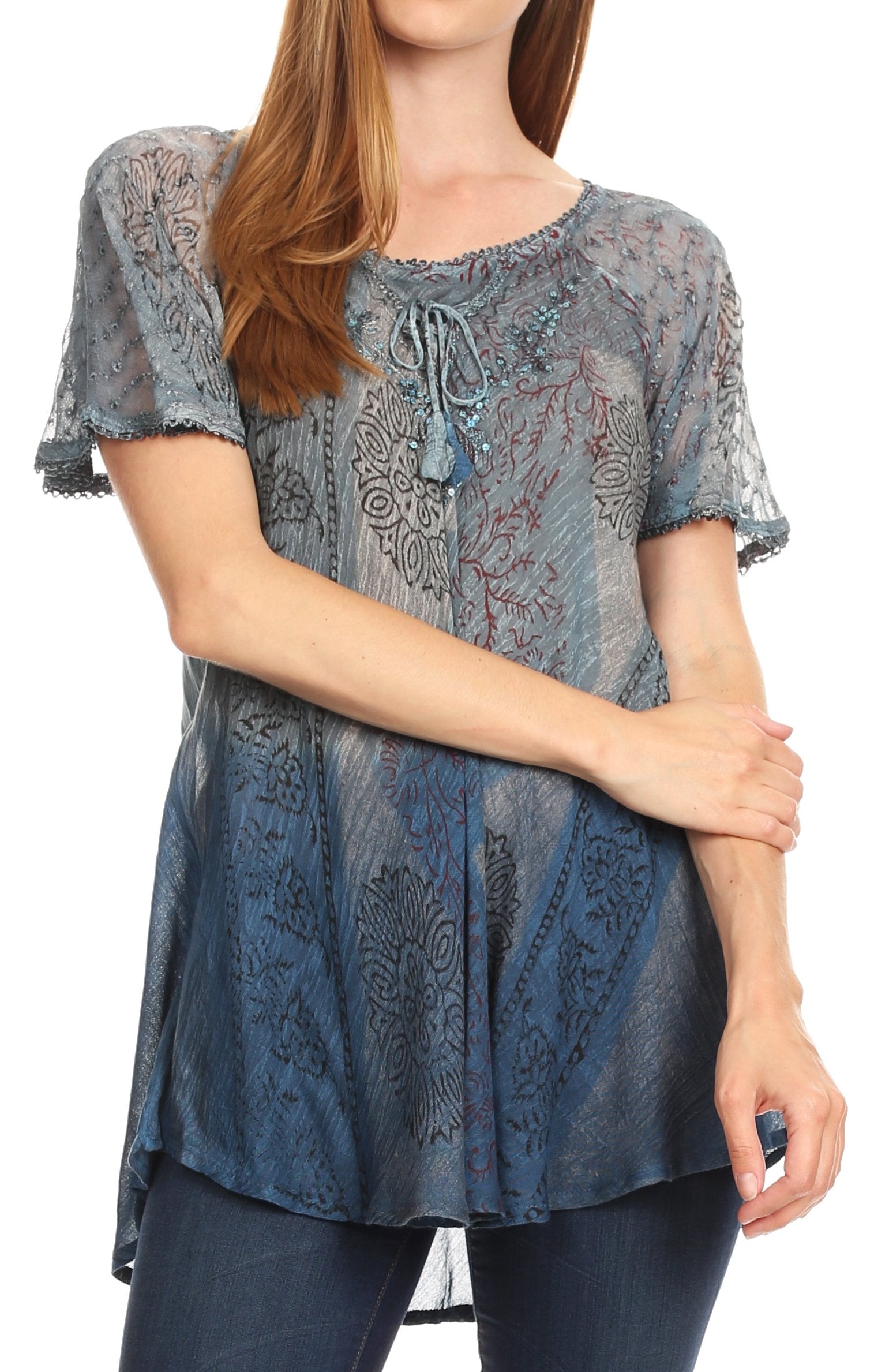 Sakkas Marzia Women's Loose Fit Short Sleeve Casual Tie Dye Batik Blouse Top Tunic - Concordia Style Boutique