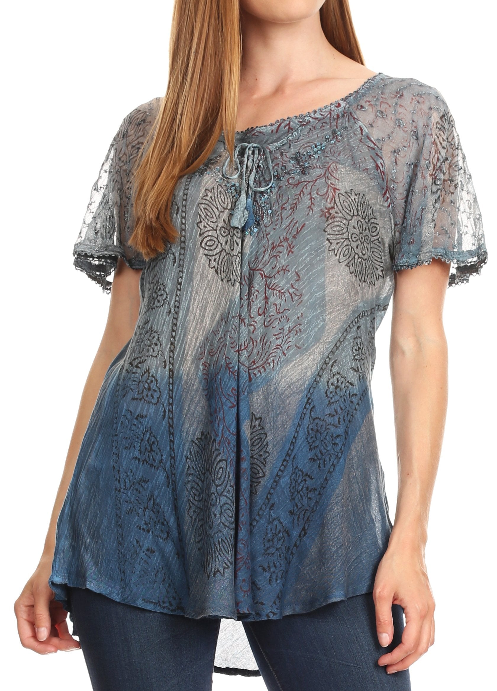 Sakkas Marzia Women's Loose Fit Short Sleeve Casual Tie Dye Batik Blouse Top Tunic - Concordia Style Boutique