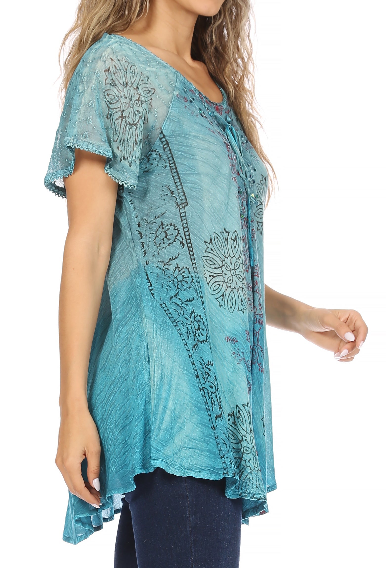 Sakkas Marzia Women's Loose Fit Short Sleeve Casual Tie Dye Batik Blouse Top Tunic - Concordia Style Boutique