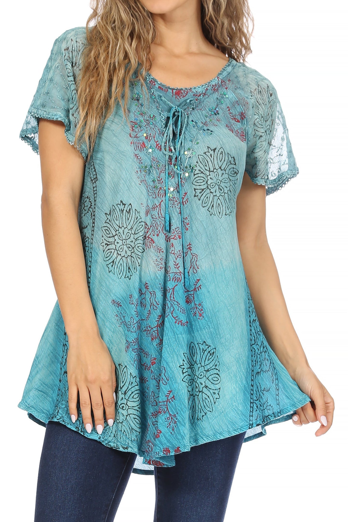 Sakkas Marzia Women's Loose Fit Short Sleeve Casual Tie Dye Batik Blouse Top Tunic - Concordia Style Boutique