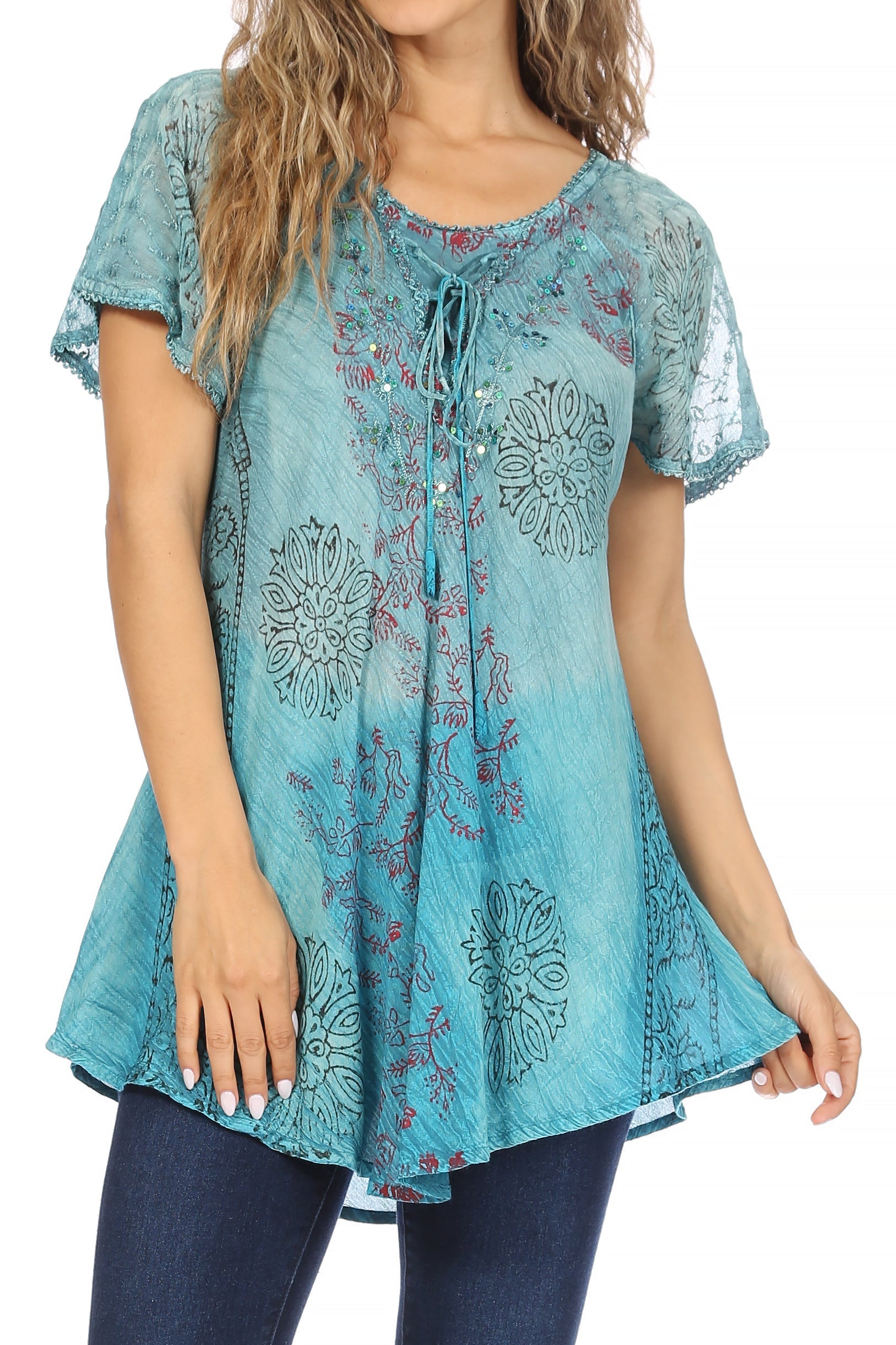 Sakkas Marzia Women's Loose Fit Short Sleeve Casual Tie Dye Batik Blouse Top Tunic - Concordia Style Boutique