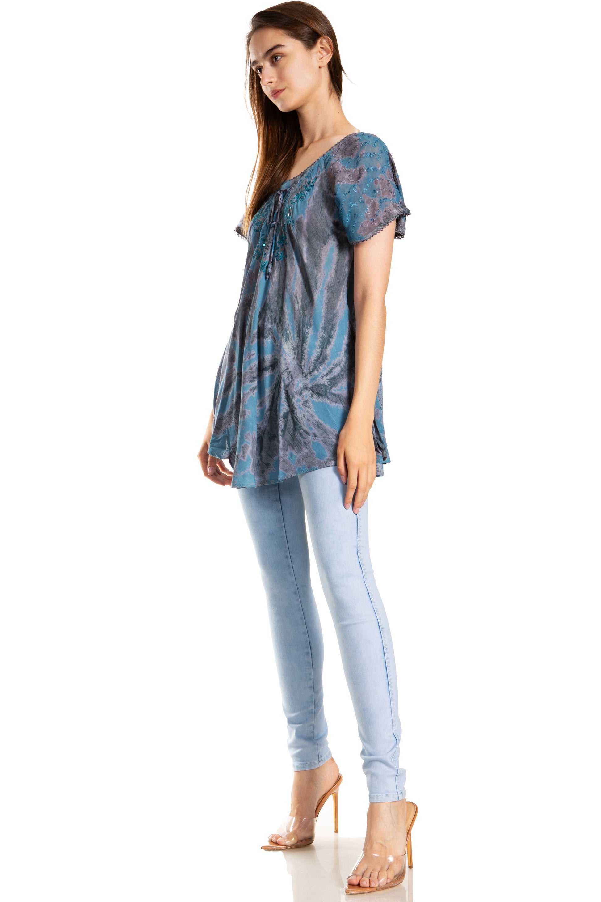 Sakkas Marzia Women's Loose Fit Short Sleeve Casual Tie Dye Batik Blouse Top Tunic - Concordia Style Boutique