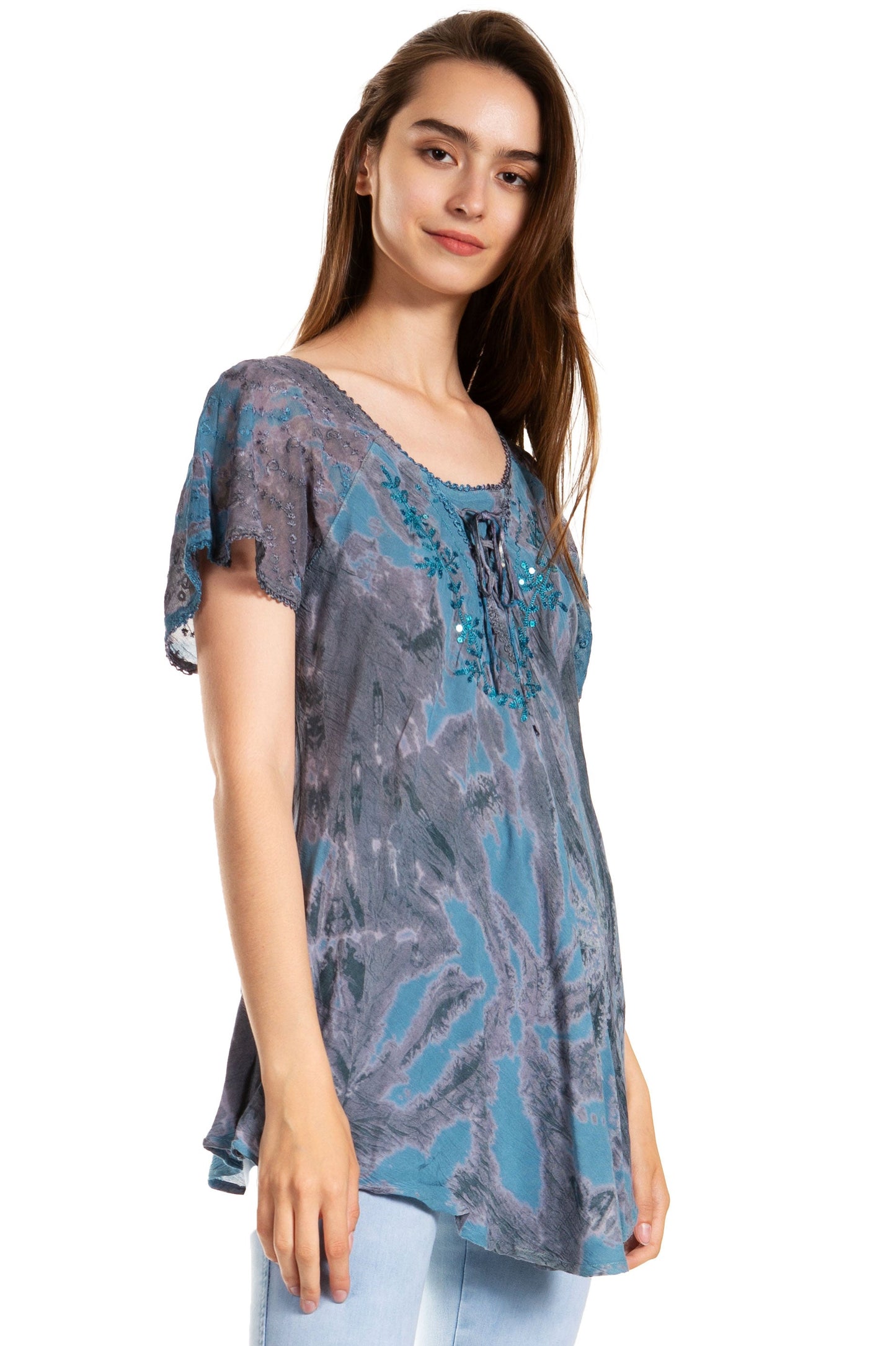 Sakkas Marzia Women's Loose Fit Short Sleeve Casual Tie Dye Batik Blouse Top Tunic - Concordia Style Boutique