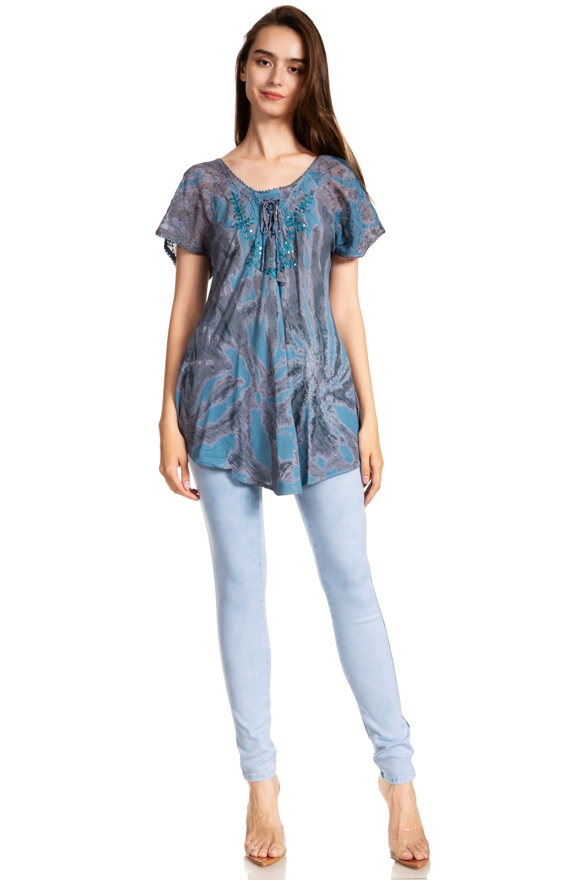 Sakkas Marzia Women's Loose Fit Short Sleeve Casual Tie Dye Batik Blouse Top Tunic - Concordia Style Boutique