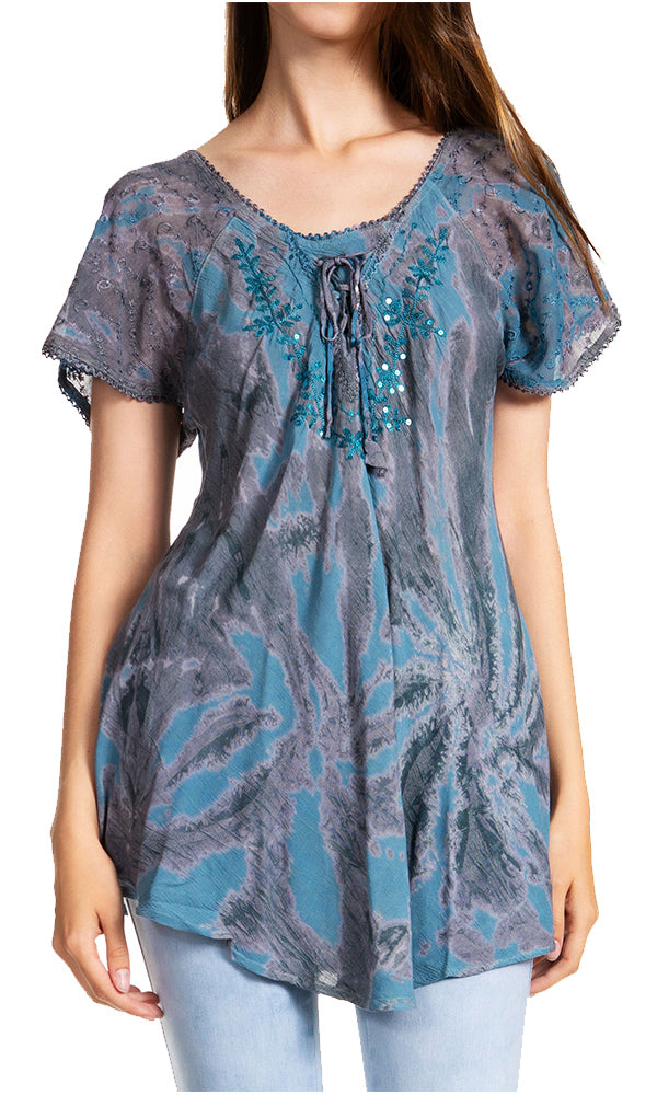 Sakkas Marzia Women's Loose Fit Short Sleeve Casual Tie Dye Batik Blouse Top Tunic - Concordia Style Boutique