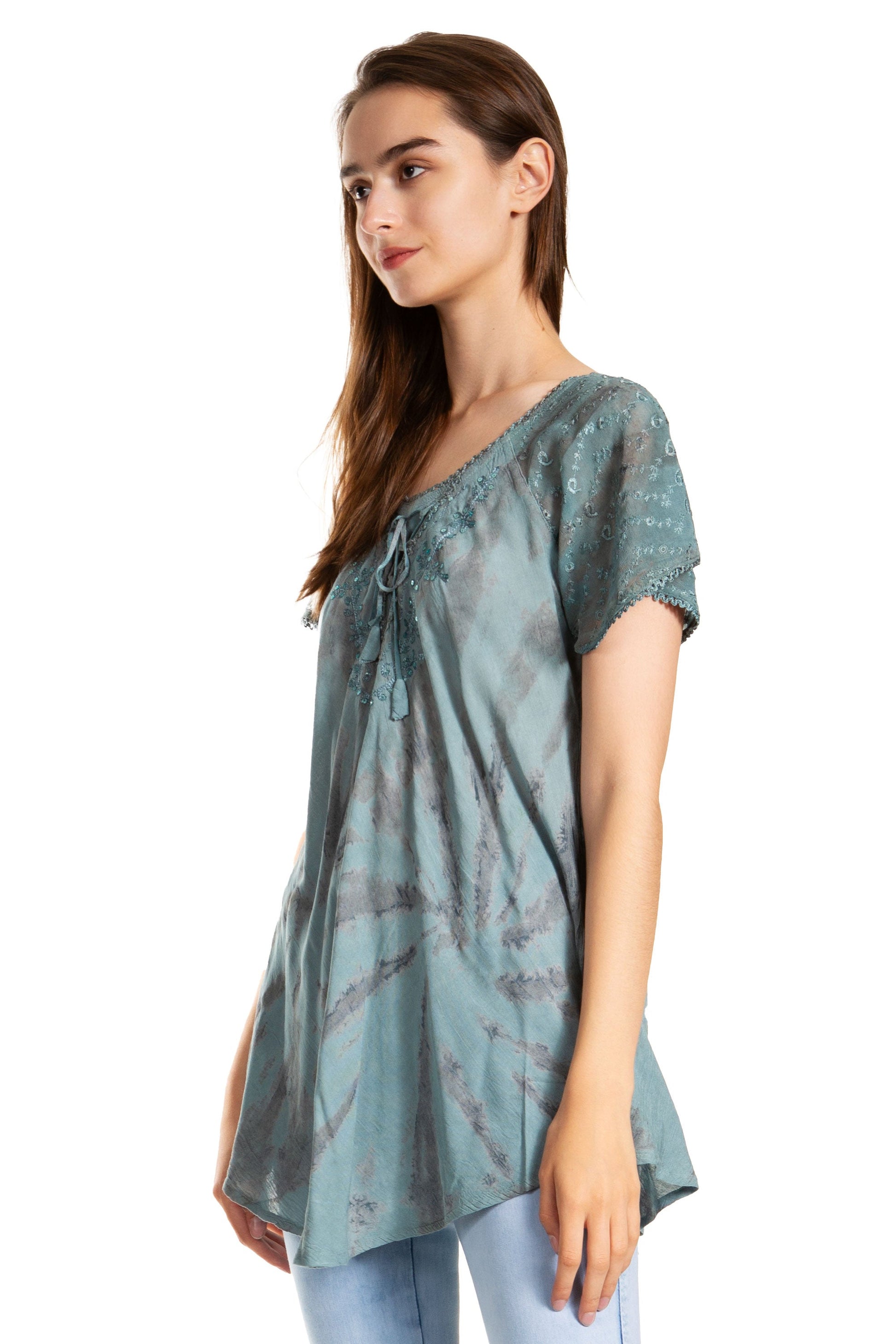 Sakkas Marzia Women's Loose Fit Short Sleeve Casual Tie Dye Batik Blouse Top Tunic - Concordia Style Boutique