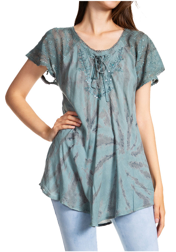 Sakkas Marzia Women's Loose Fit Short Sleeve Casual Tie Dye Batik Blouse Top Tunic - Concordia Style Boutique