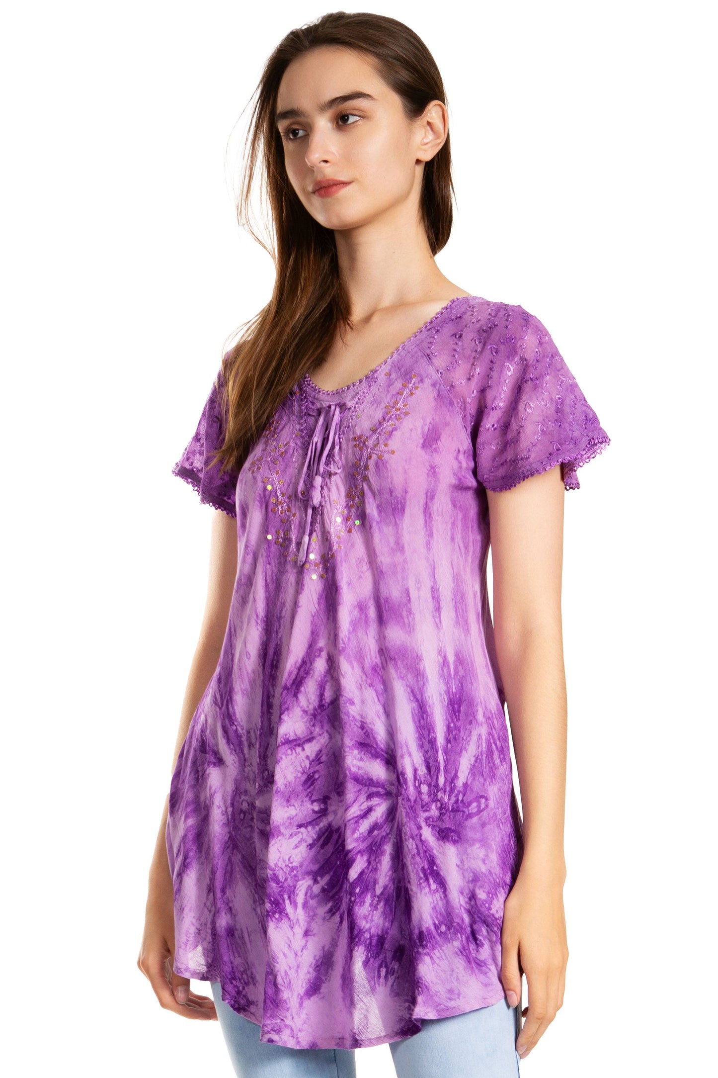 Sakkas Marzia Women's Loose Fit Short Sleeve Casual Tie Dye Batik Blouse Top Tunic - Concordia Style Boutique