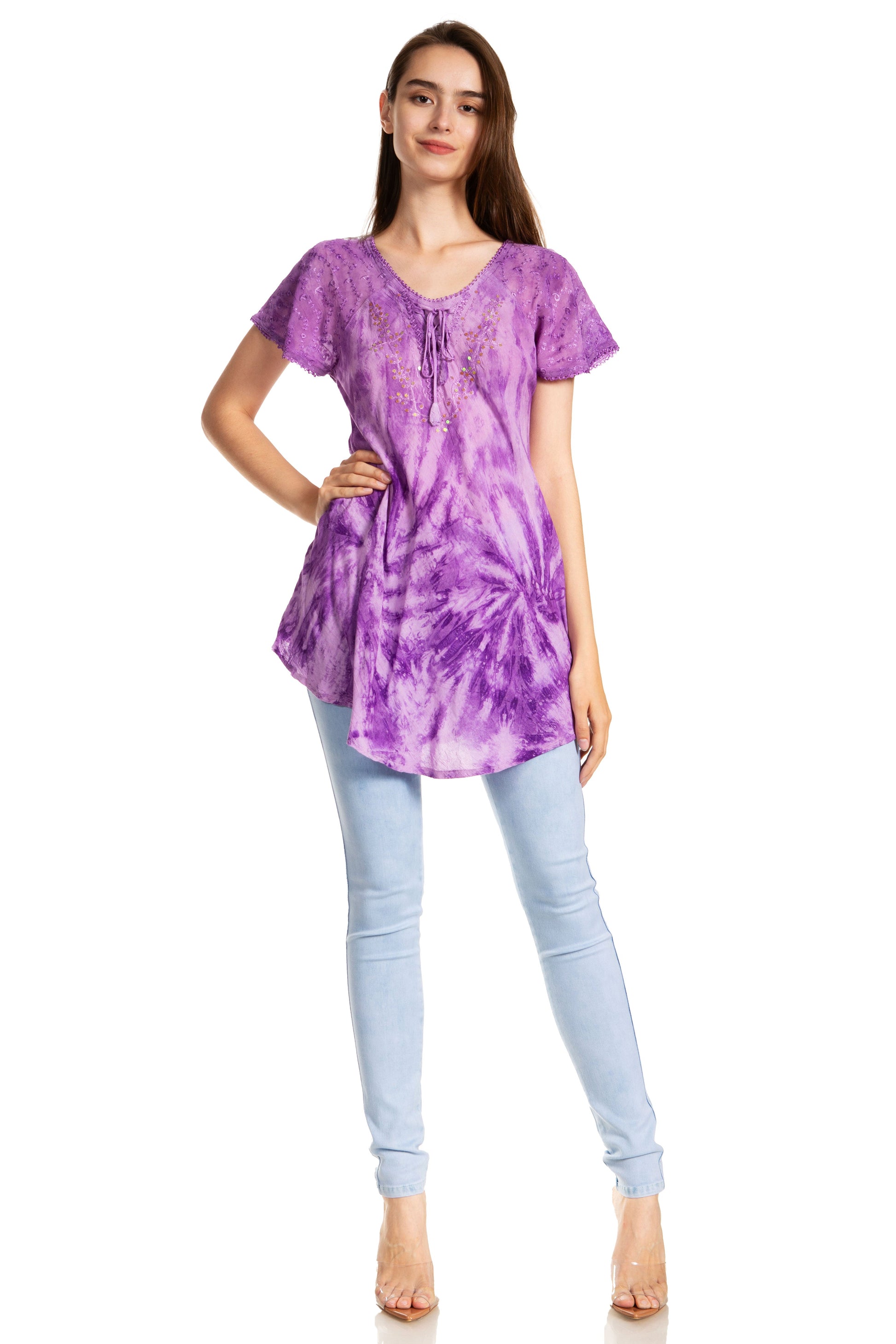 Sakkas Marzia Women's Loose Fit Short Sleeve Casual Tie Dye Batik Blouse Top Tunic - Concordia Style Boutique