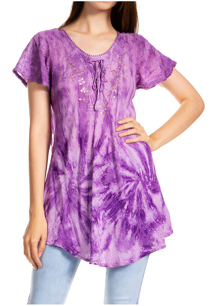 Sakkas Marzia Women's Loose Fit Short Sleeve Casual Tie Dye Batik Blouse Top Tunic - Concordia Style Boutique