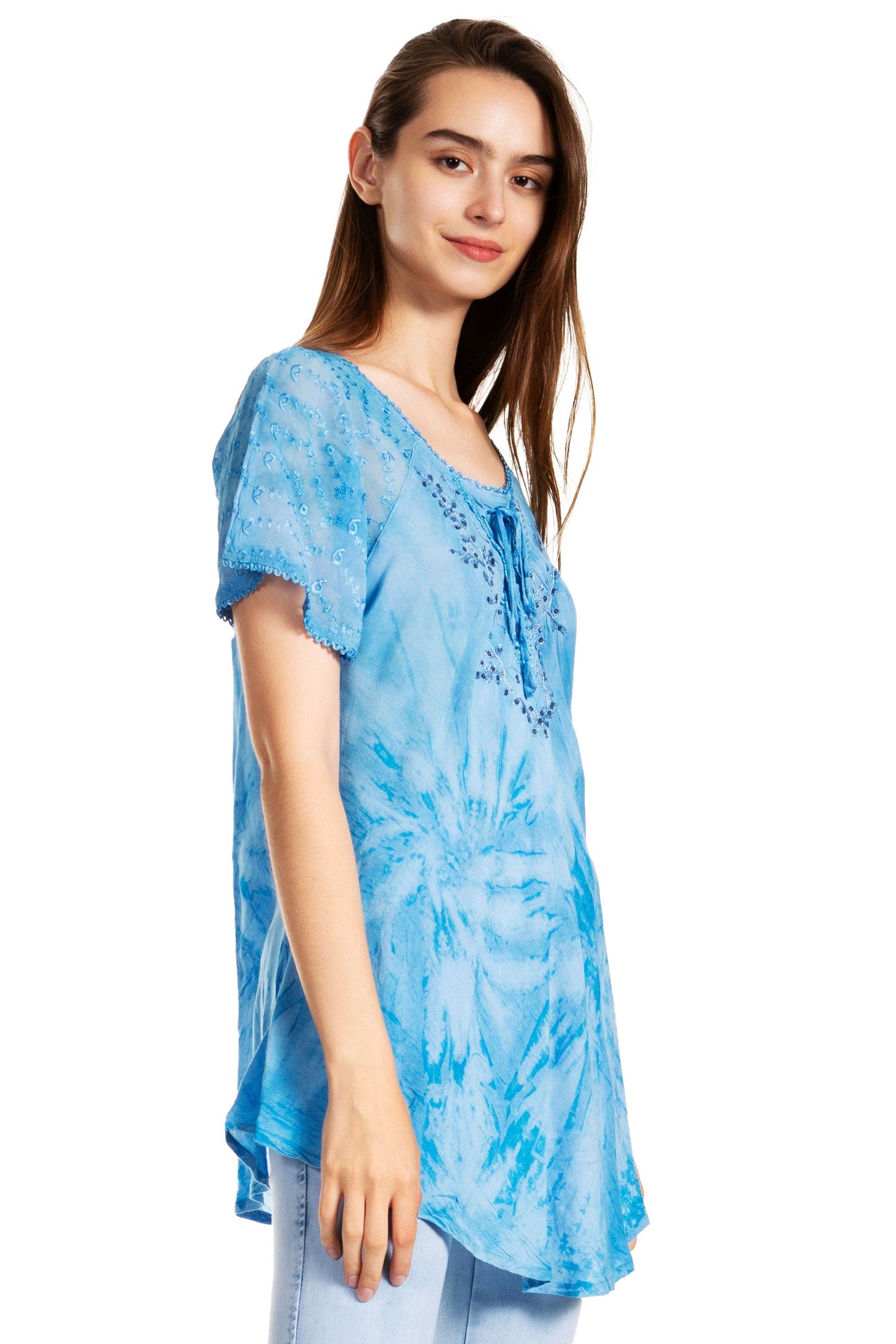 Sakkas Marzia Women's Loose Fit Short Sleeve Casual Tie Dye Batik Blouse Top Tunic - Concordia Style Boutique