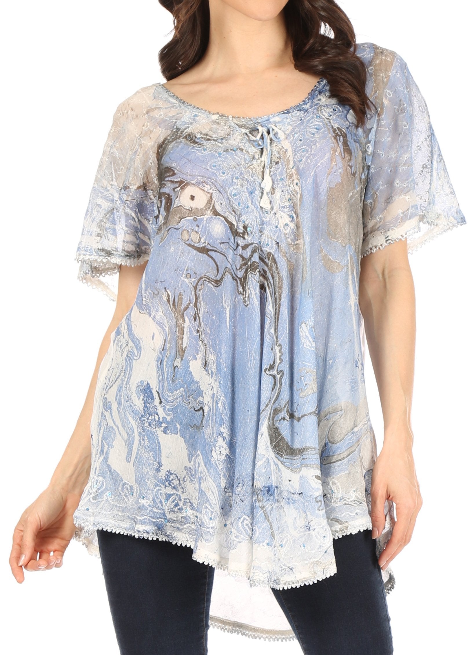 Sakkas Marzia Women's Loose Fit Short Sleeve Casual Tie Dye Batik Blouse Top Tunic - Concordia Style Boutique