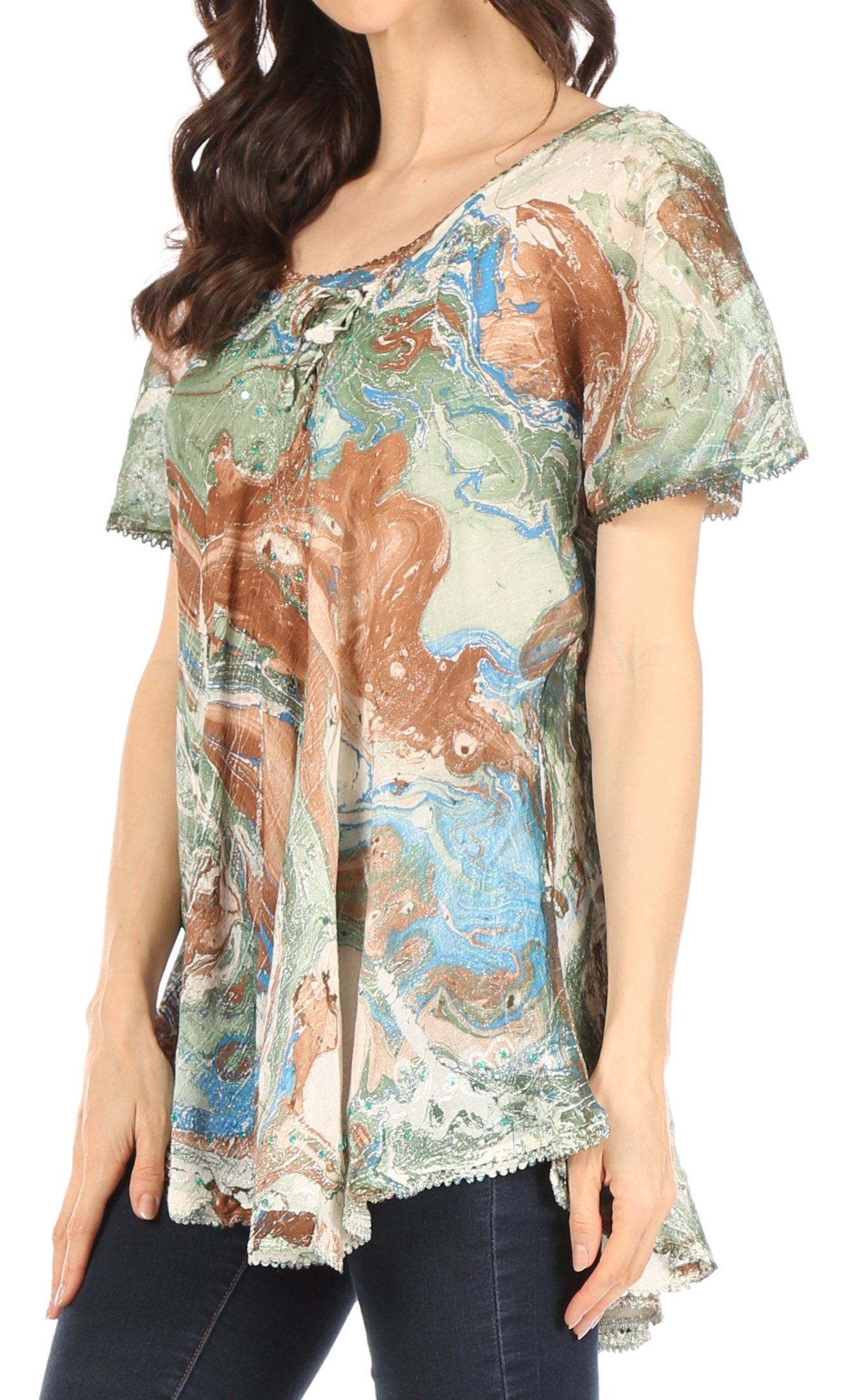 Sakkas Marzia Women's Loose Fit Short Sleeve Casual Tie Dye Batik Blouse Top Tunic - Concordia Style Boutique
