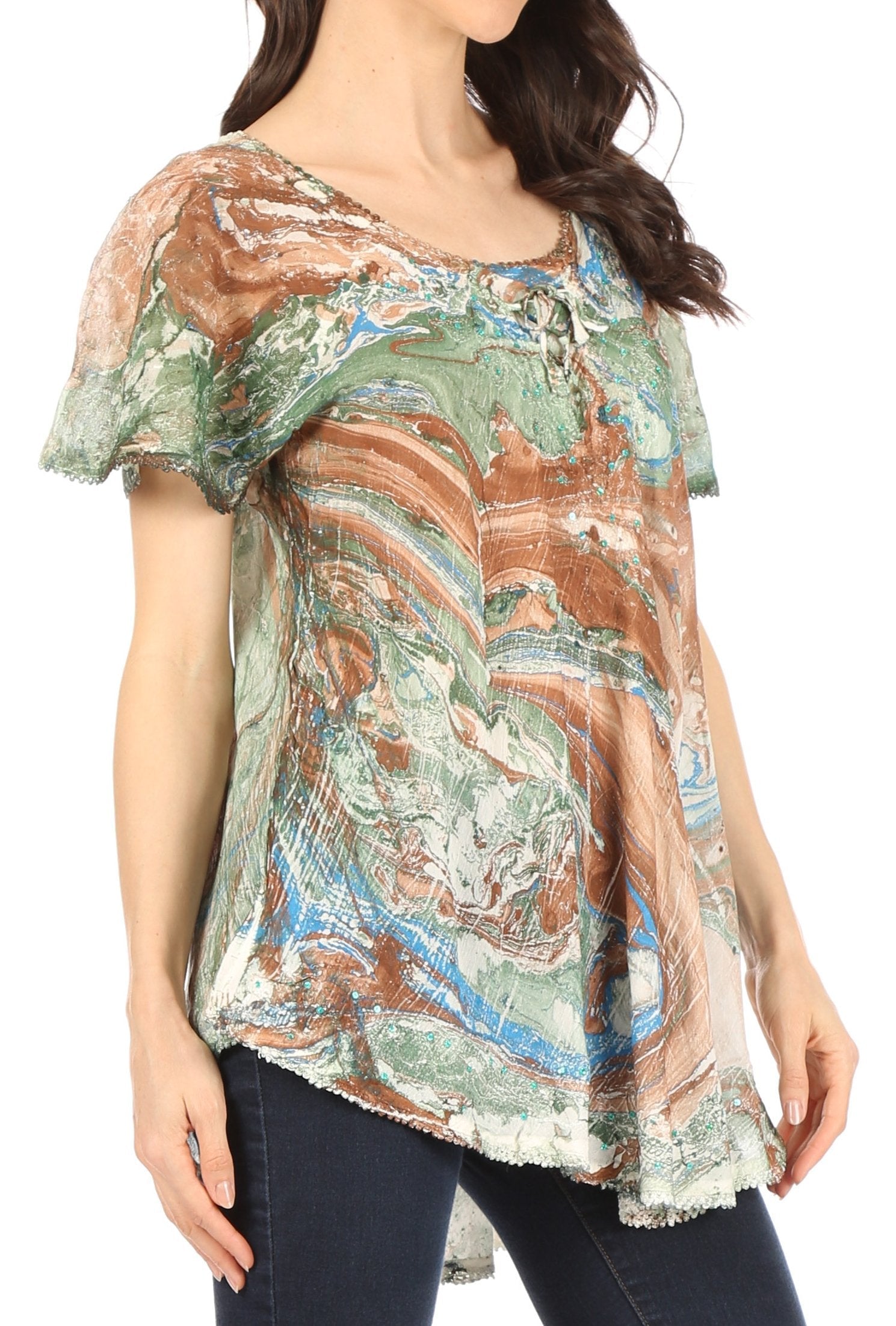 Sakkas Marzia Women's Loose Fit Short Sleeve Casual Tie Dye Batik Blouse Top Tunic - Concordia Style Boutique