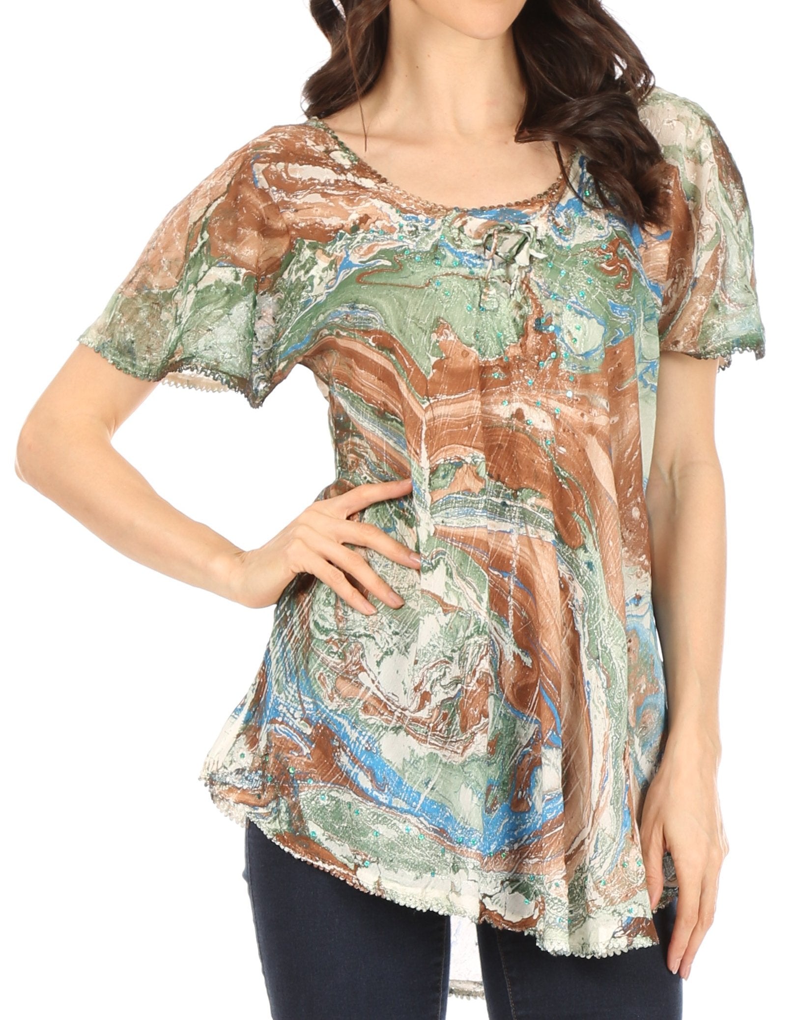 Sakkas Marzia Women's Loose Fit Short Sleeve Casual Tie Dye Batik Blouse Top Tunic - Concordia Style Boutique