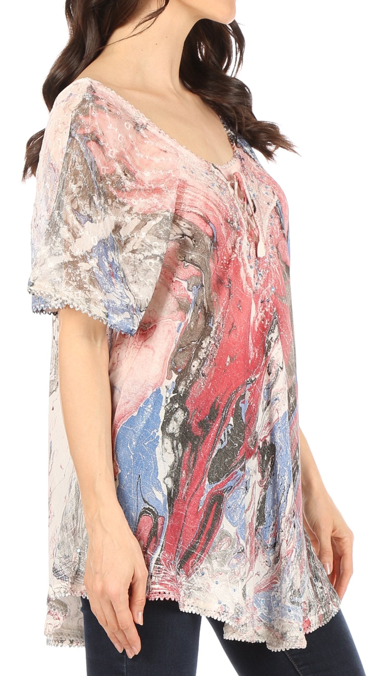 Sakkas Marzia Women's Loose Fit Short Sleeve Casual Tie Dye Batik Blouse Top Tunic - Concordia Style Boutique