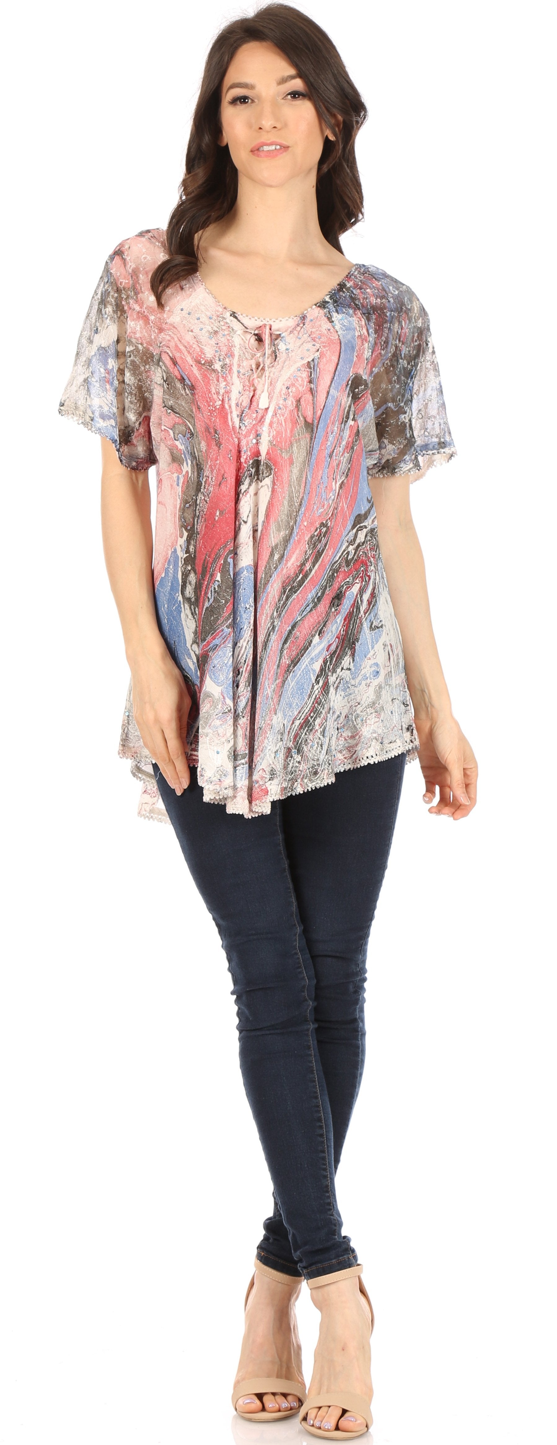 Sakkas Marzia Women's Loose Fit Short Sleeve Casual Tie Dye Batik Blouse Top Tunic - Concordia Style Boutique