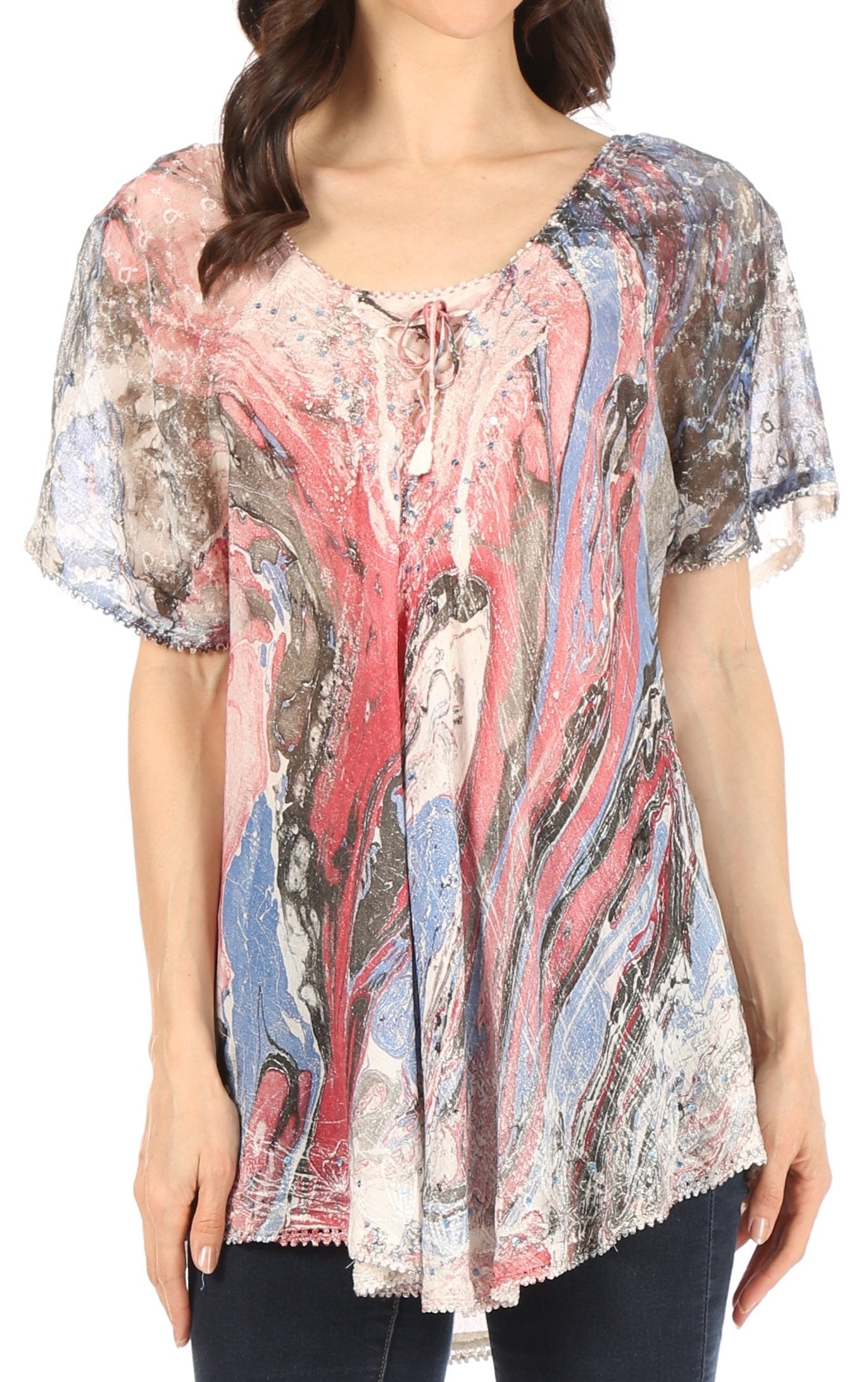 Sakkas Marzia Women's Loose Fit Short Sleeve Casual Tie Dye Batik Blouse Top Tunic - Concordia Style Boutique