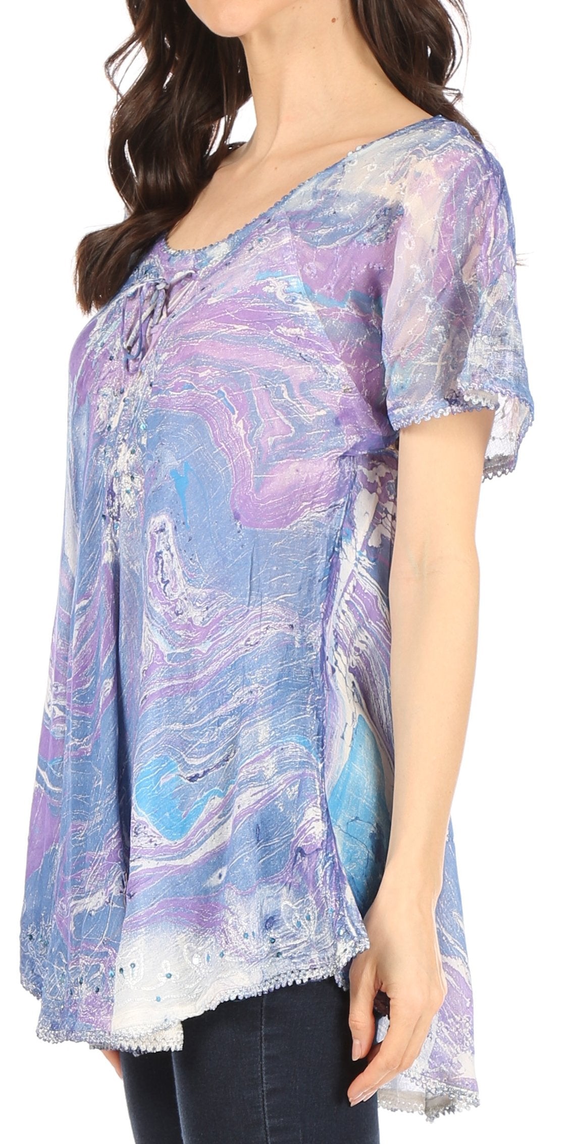 Sakkas Marzia Women's Loose Fit Short Sleeve Casual Tie Dye Batik Blouse Top Tunic - Concordia Style Boutique