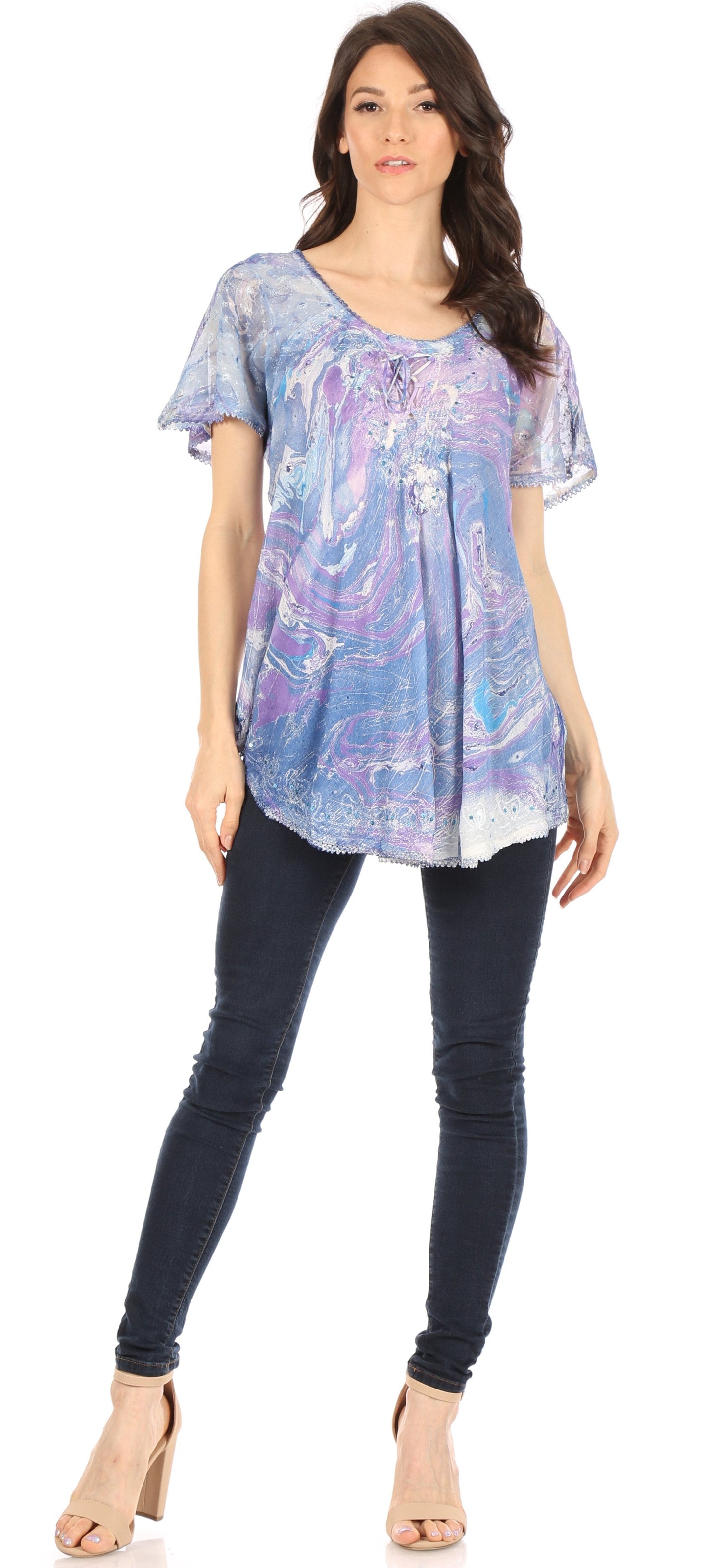Sakkas Marzia Women's Loose Fit Short Sleeve Casual Tie Dye Batik Blouse Top Tunic - Concordia Style Boutique