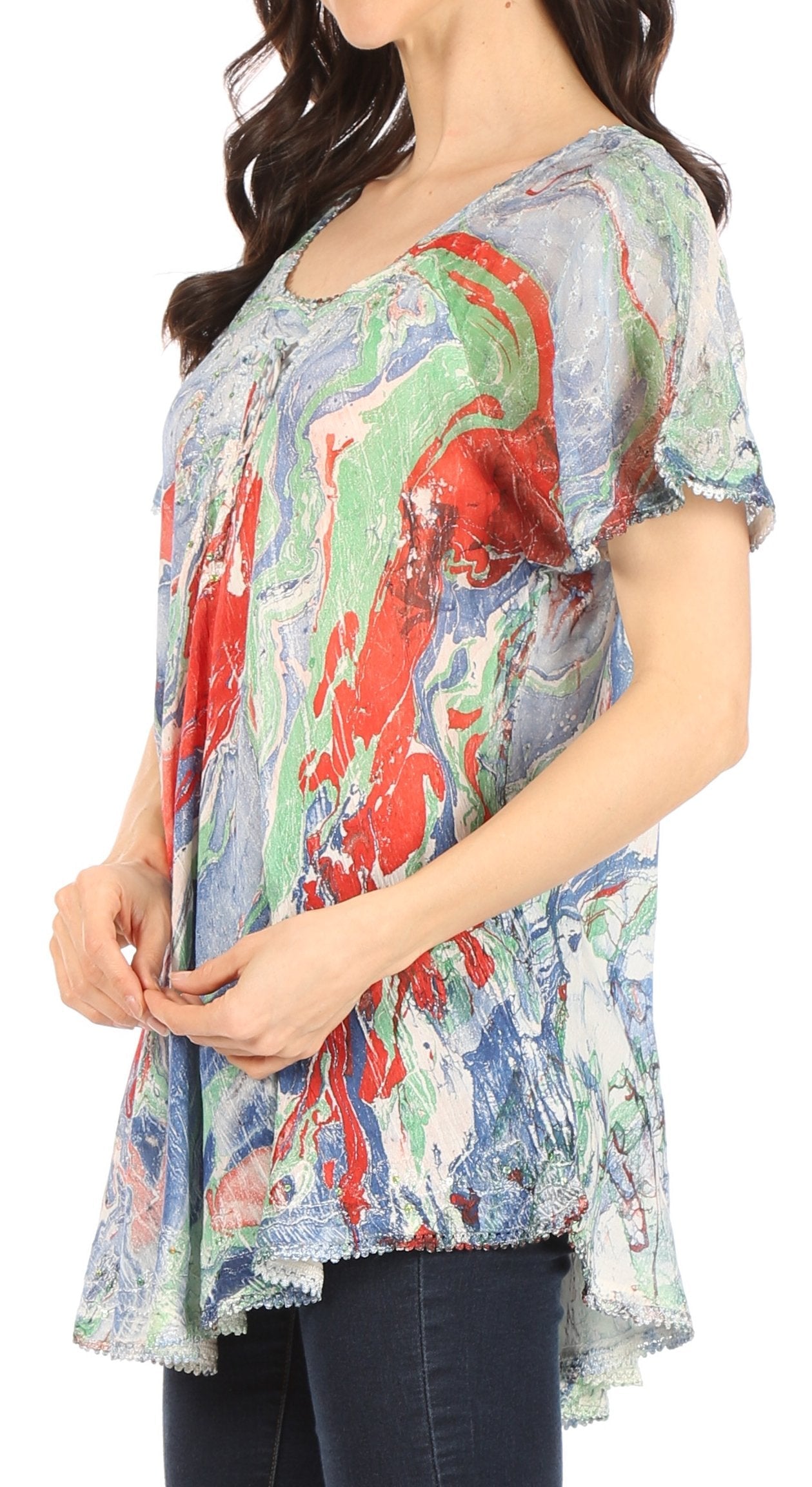 Sakkas Marzia Women's Loose Fit Short Sleeve Casual Tie Dye Batik Blouse Top Tunic - Concordia Style Boutique