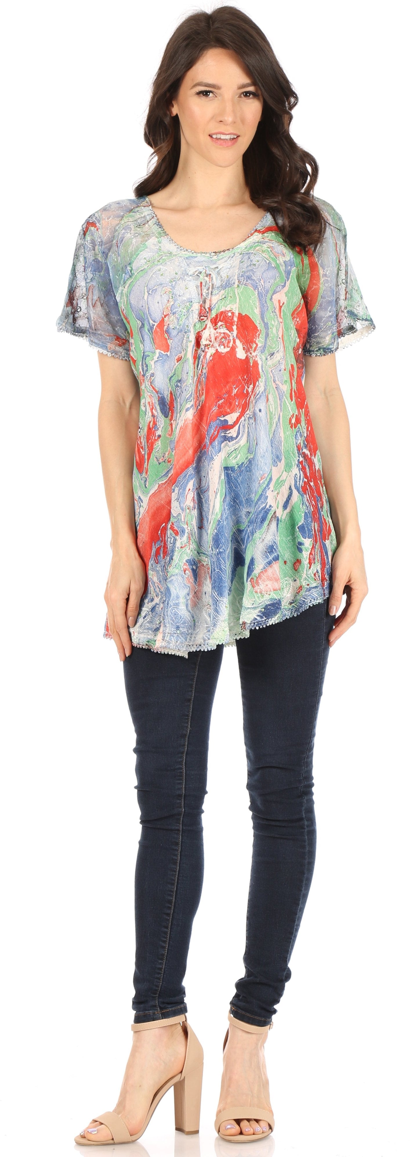 Sakkas Marzia Women's Loose Fit Short Sleeve Casual Tie Dye Batik Blouse Top Tunic - Concordia Style Boutique
