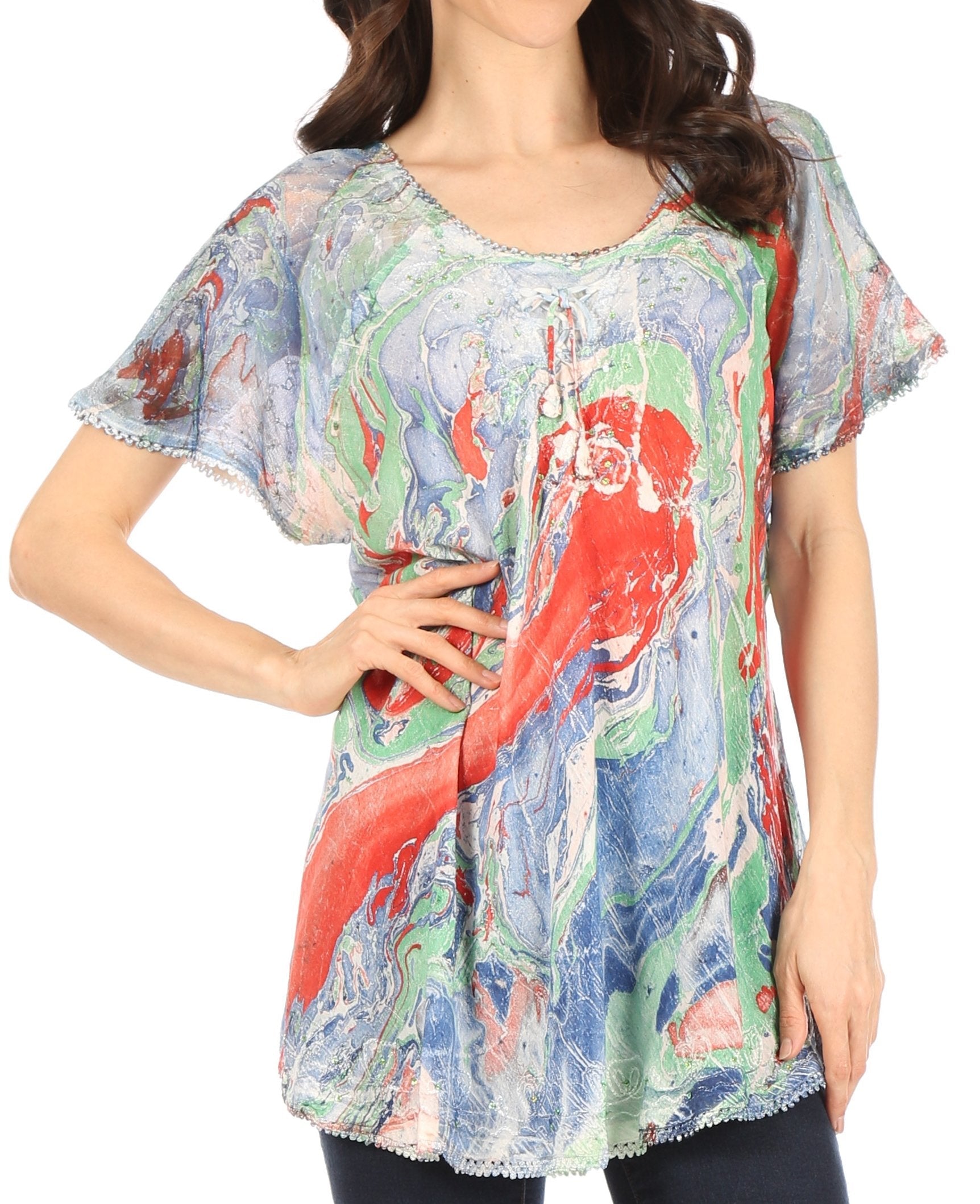 Sakkas Marzia Women's Loose Fit Short Sleeve Casual Tie Dye Batik Blouse Top Tunic - Concordia Style Boutique