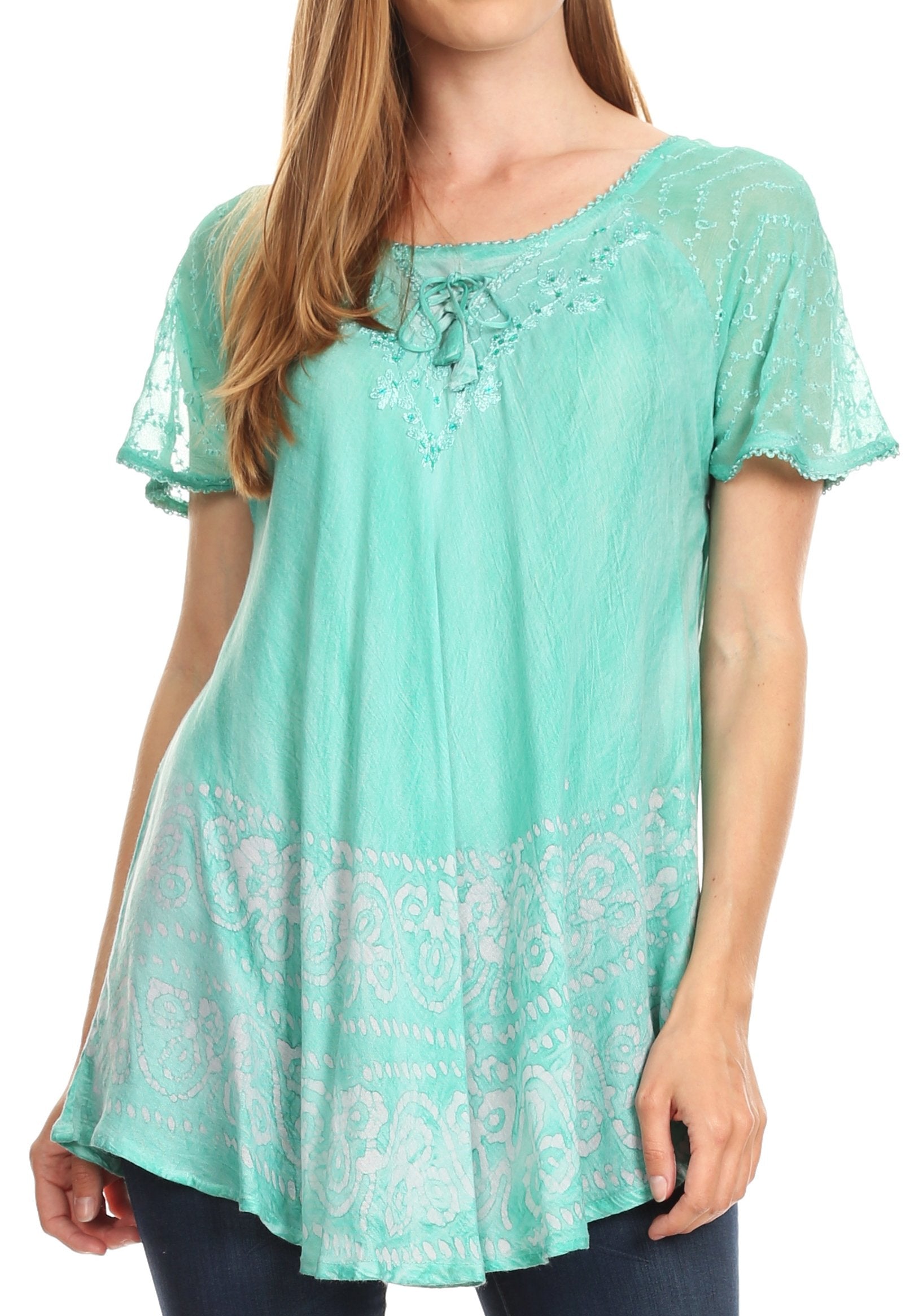 Sakkas Marzia Women's Loose Fit Short Sleeve Casual Tie Dye Batik Blouse Top Tunic - Concordia Style Boutique