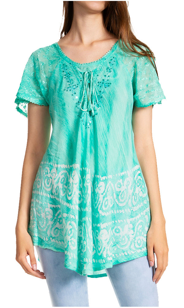 Sakkas Marzia Women's Loose Fit Short Sleeve Casual Tie Dye Batik Blouse Top Tunic - Concordia Style Boutique