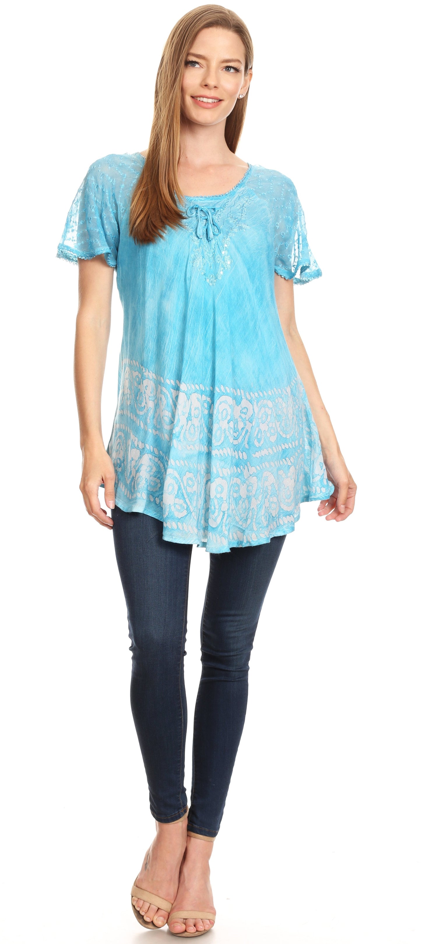 Sakkas Marzia Women's Loose Fit Short Sleeve Casual Tie Dye Batik Blouse Top Tunic - Concordia Style Boutique