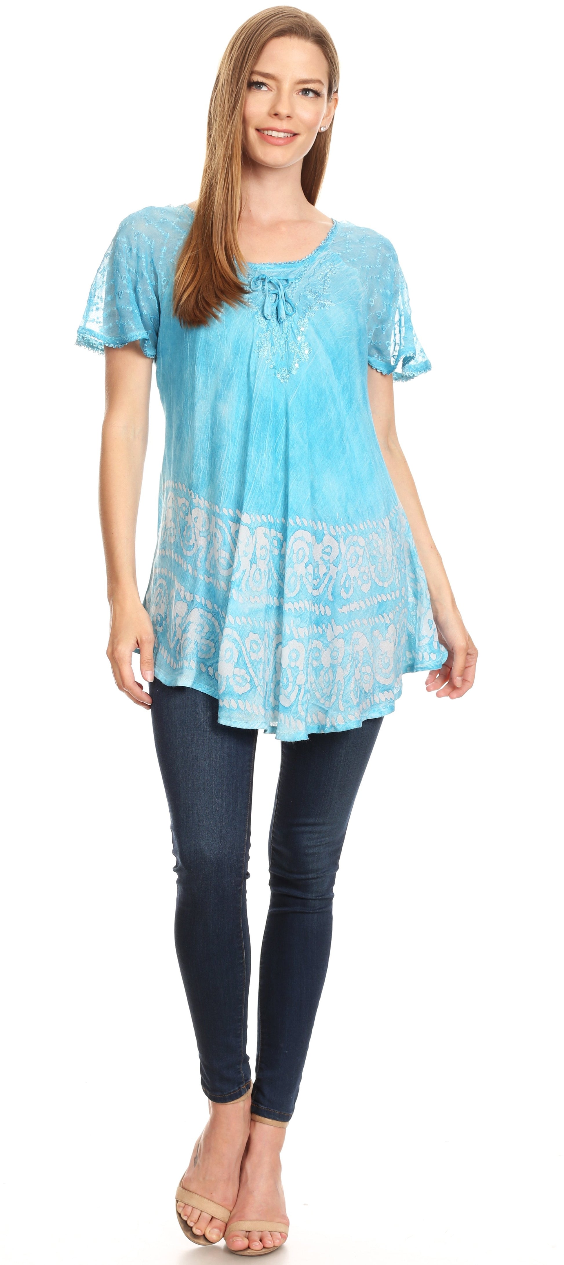 Sakkas Marzia Women's Loose Fit Short Sleeve Casual Tie Dye Batik Blouse Top Tunic - Concordia Style Boutique