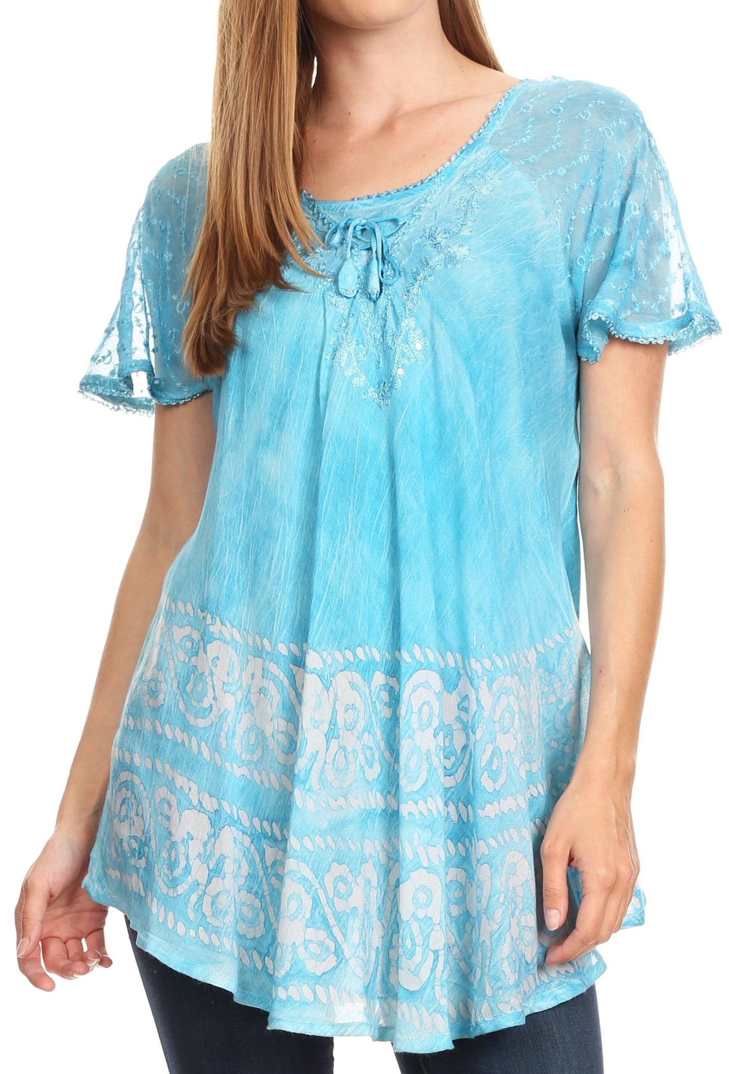 Sakkas Marzia Women's Loose Fit Short Sleeve Casual Tie Dye Batik Blouse Top Tunic - Concordia Style Boutique