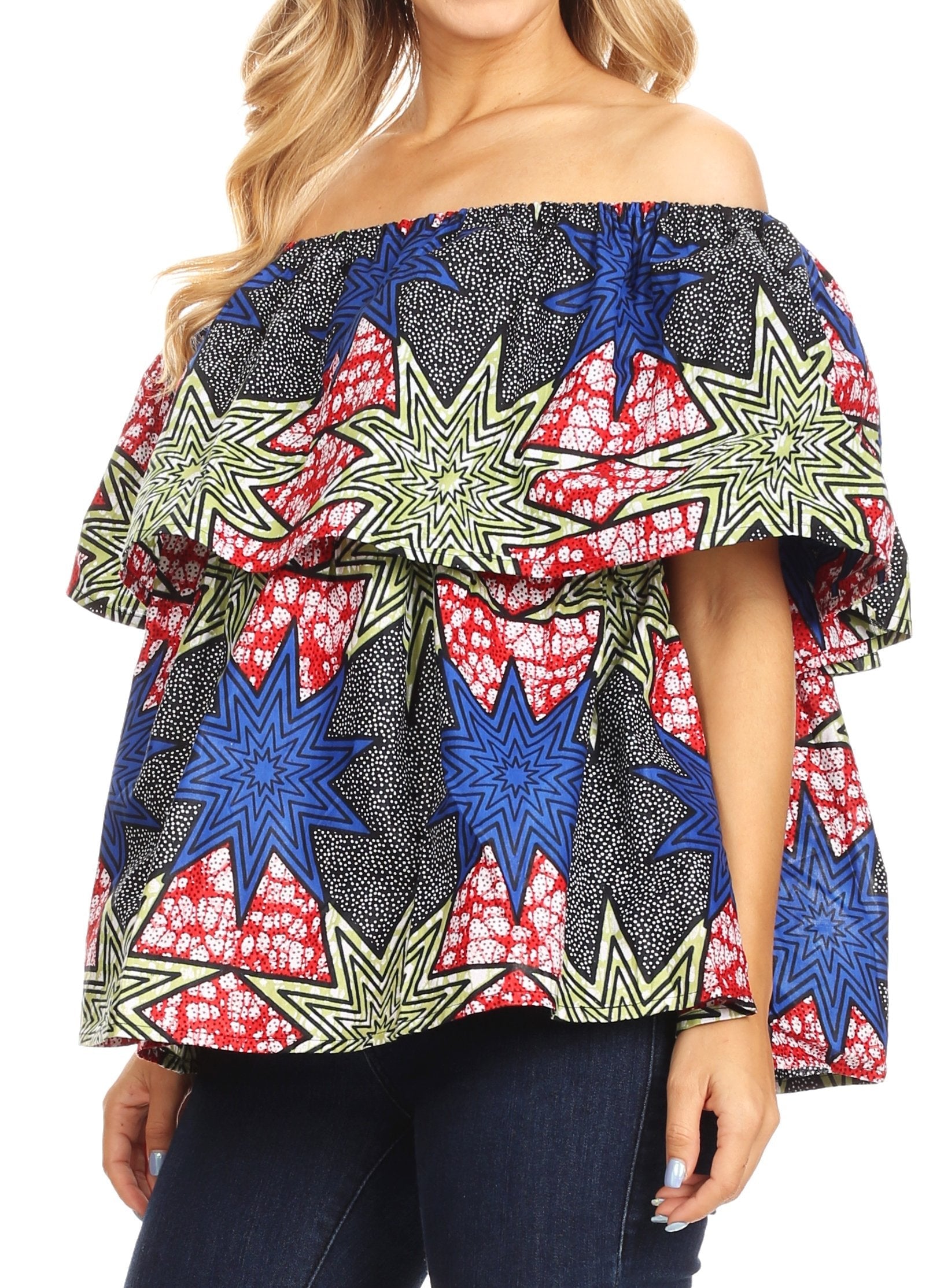 Sakkas Imani Colorful Wax African Ankara Dutch Off-shoulder Blouse Top Gorgeous - Concordia Style Boutique