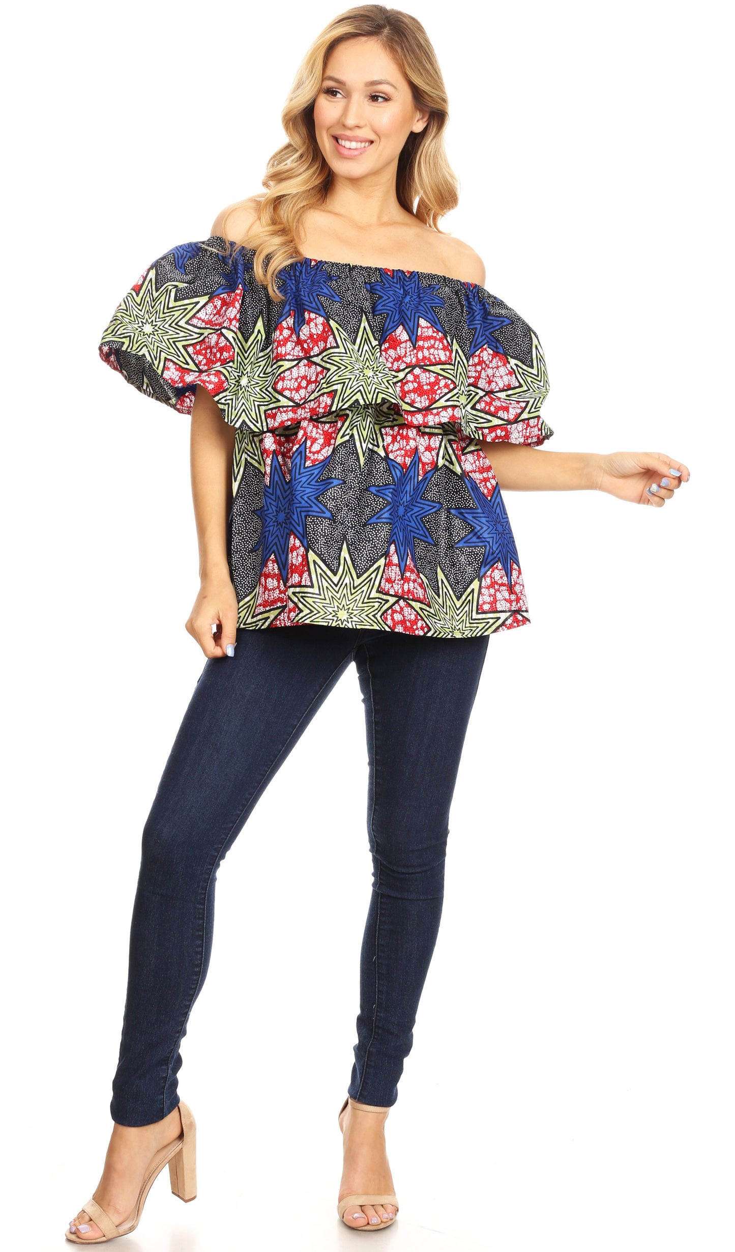 Sakkas Imani Colorful Wax African Ankara Dutch Off-shoulder Blouse Top Gorgeous - Concordia Style Boutique