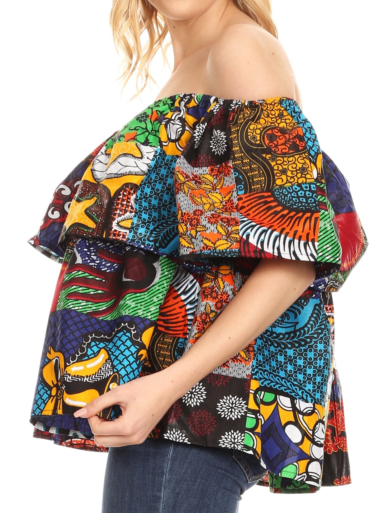 Sakkas Imani Colorful Wax African Ankara Dutch Off-shoulder Blouse Top Gorgeous - Concordia Style Boutique