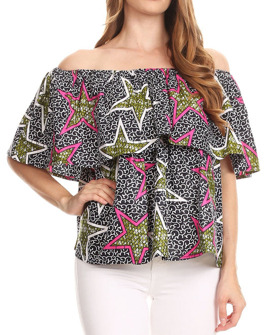 Sakkas Imani Colorful Wax African Ankara Dutch Off-shoulder Blouse Top Gorgeous - Concordia Style Boutique