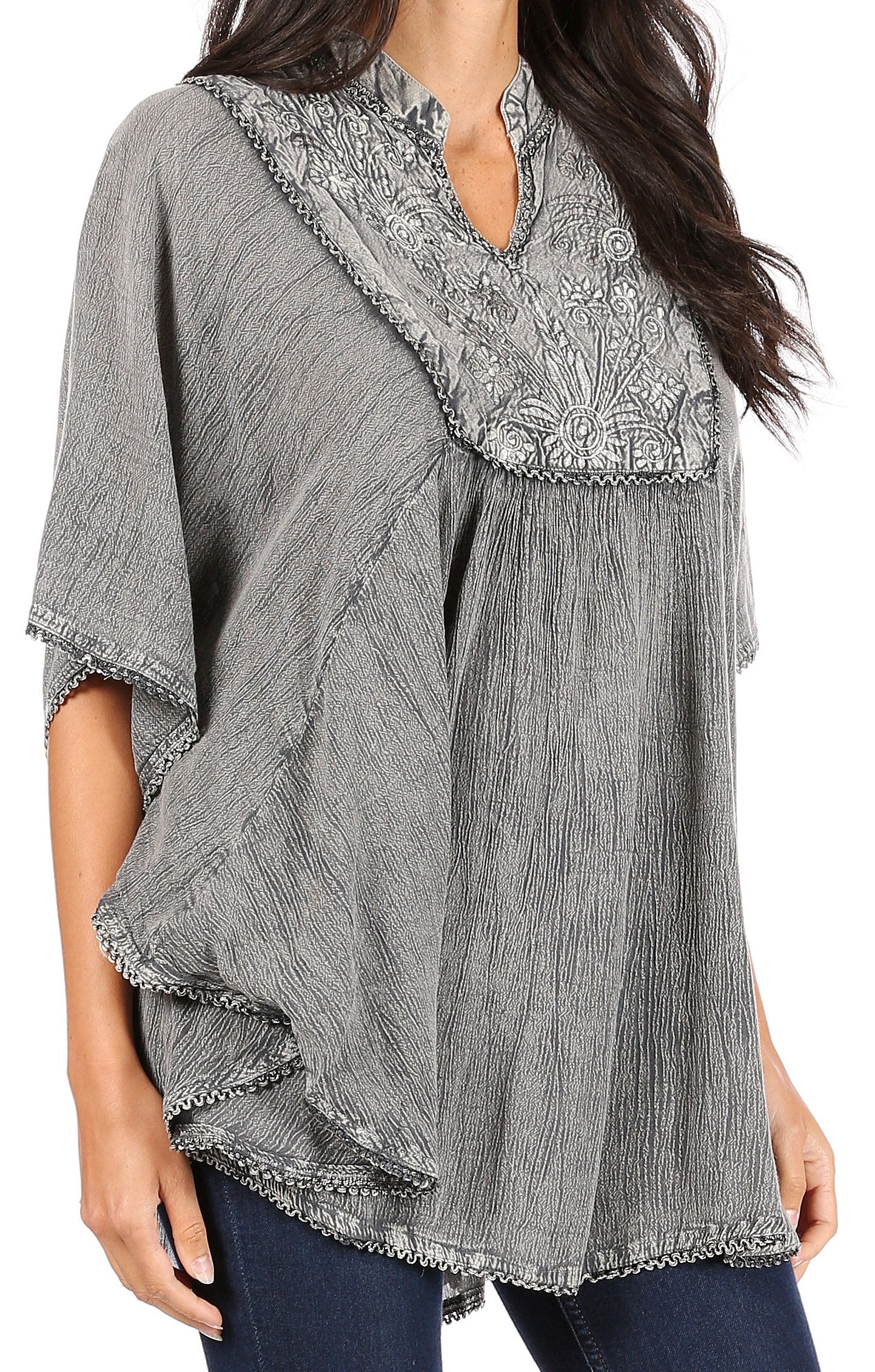 Sakkas Amori V-Neck Embroidery Poncho Top / Cover Up - Concordia Style Boutique