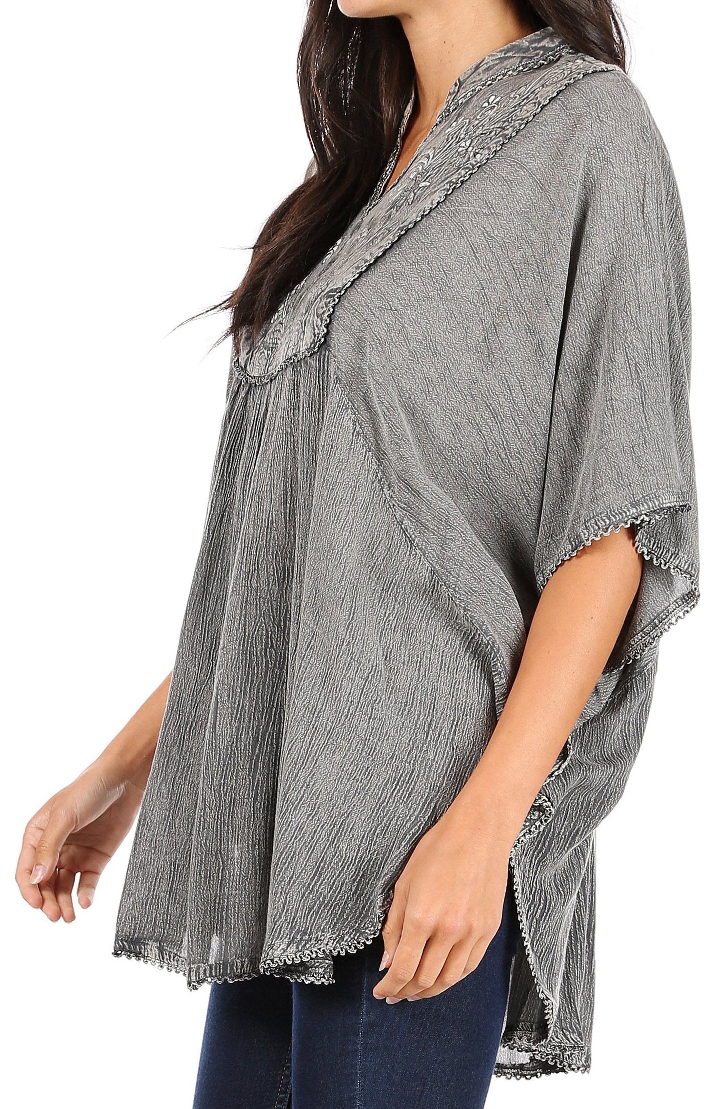 Sakkas Amori V-Neck Embroidery Poncho Top / Cover Up - Concordia Style Boutique