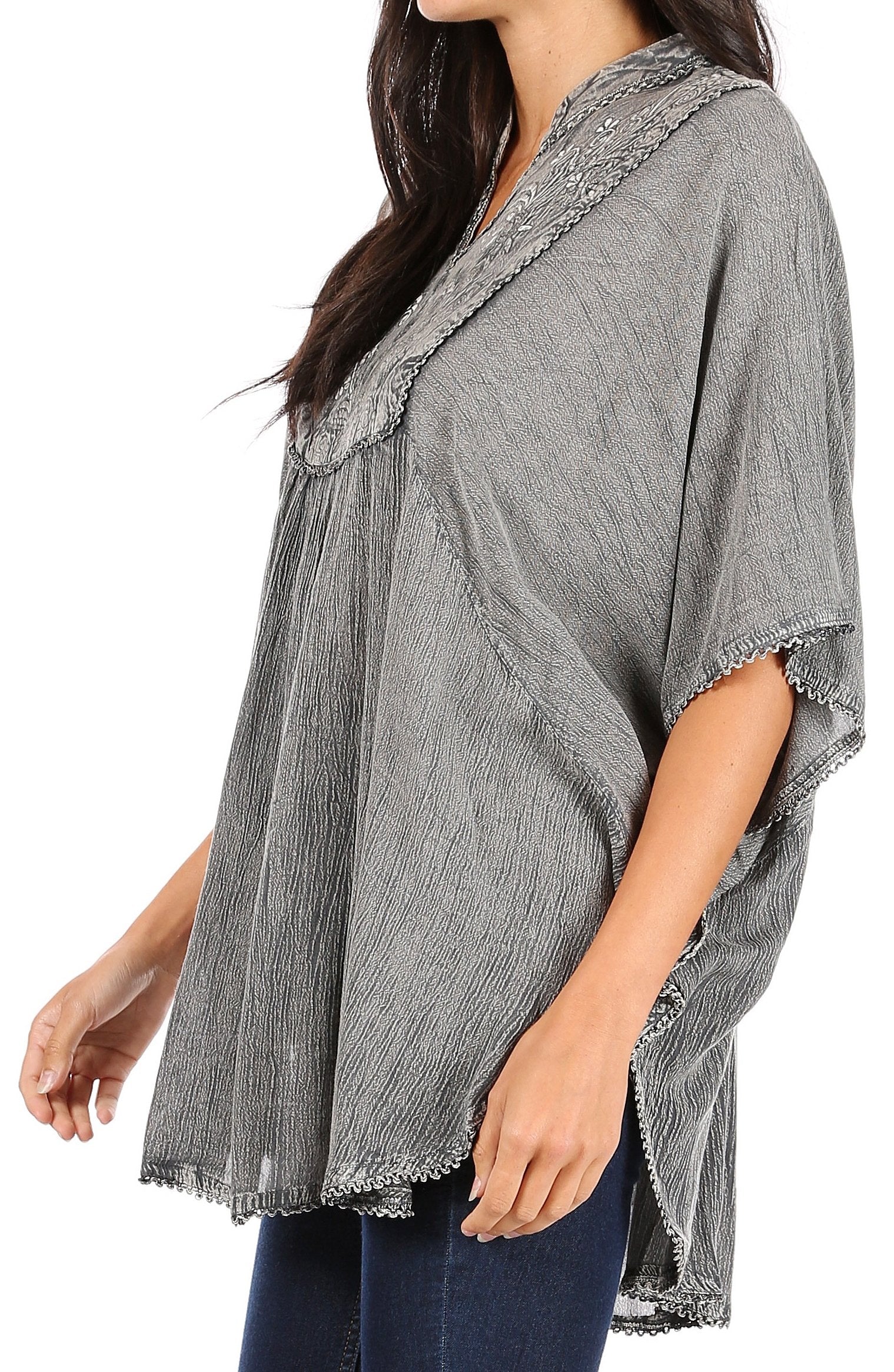 Sakkas Amori V-Neck Embroidery Poncho Top / Cover Up - Concordia Style Boutique