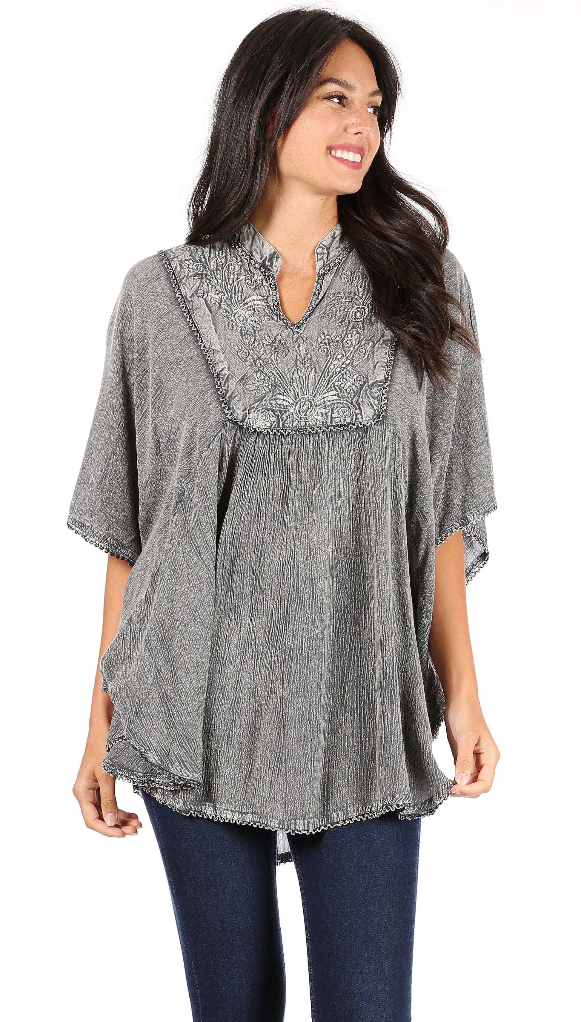 Sakkas Amori V-Neck Embroidery Poncho Top / Cover Up - Concordia Style Boutique