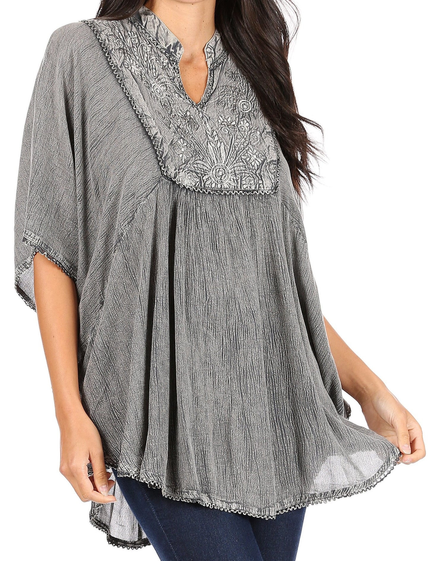 Sakkas Amori V-Neck Embroidery Poncho Top / Cover Up - Concordia Style Boutique