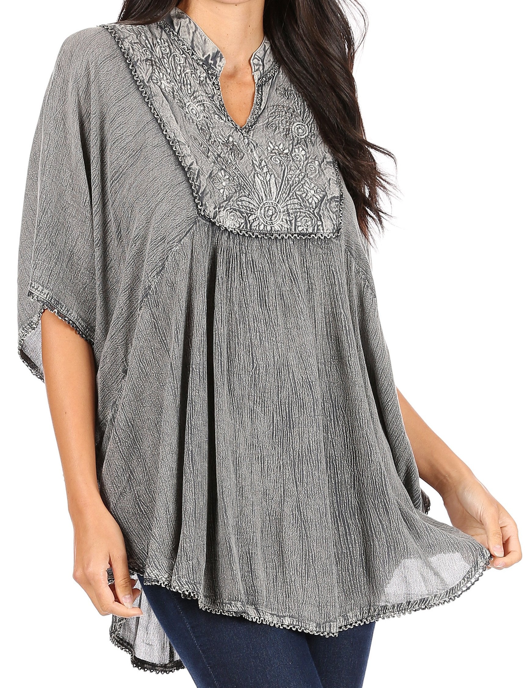 Sakkas Amori V-Neck Embroidery Poncho Top / Cover Up - Concordia Style Boutique