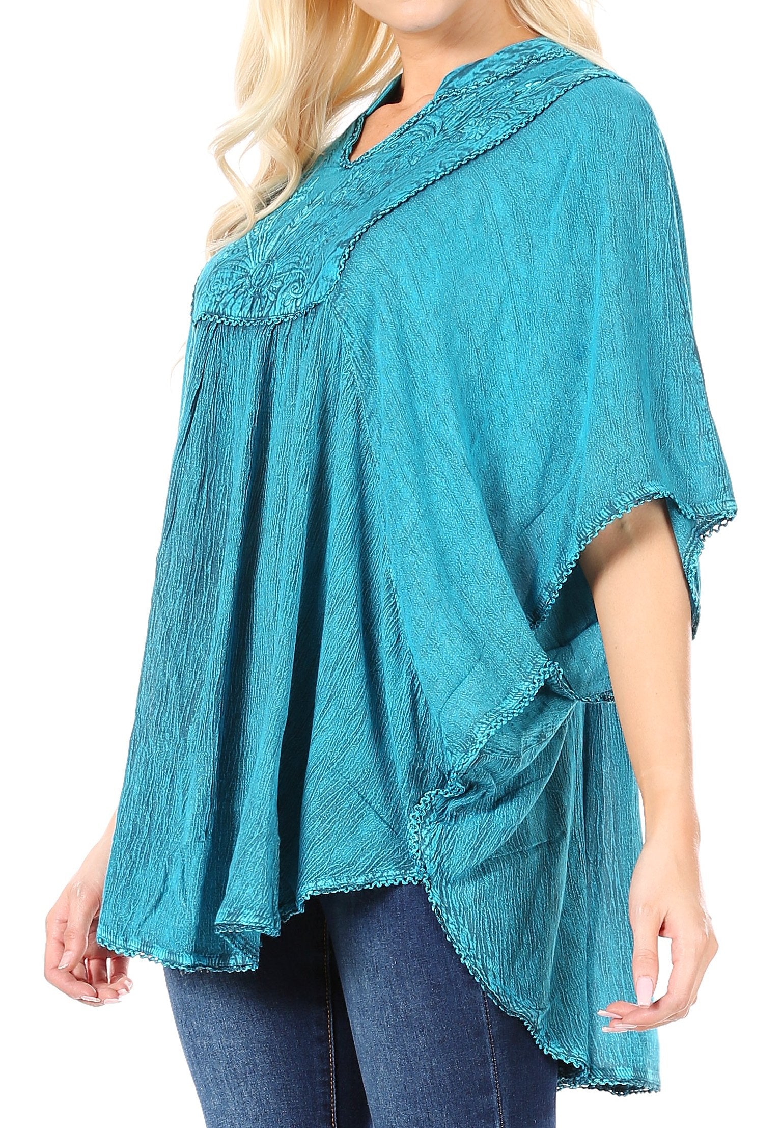 Sakkas Amori V-Neck Embroidery Poncho Top / Cover Up - Concordia Style Boutique