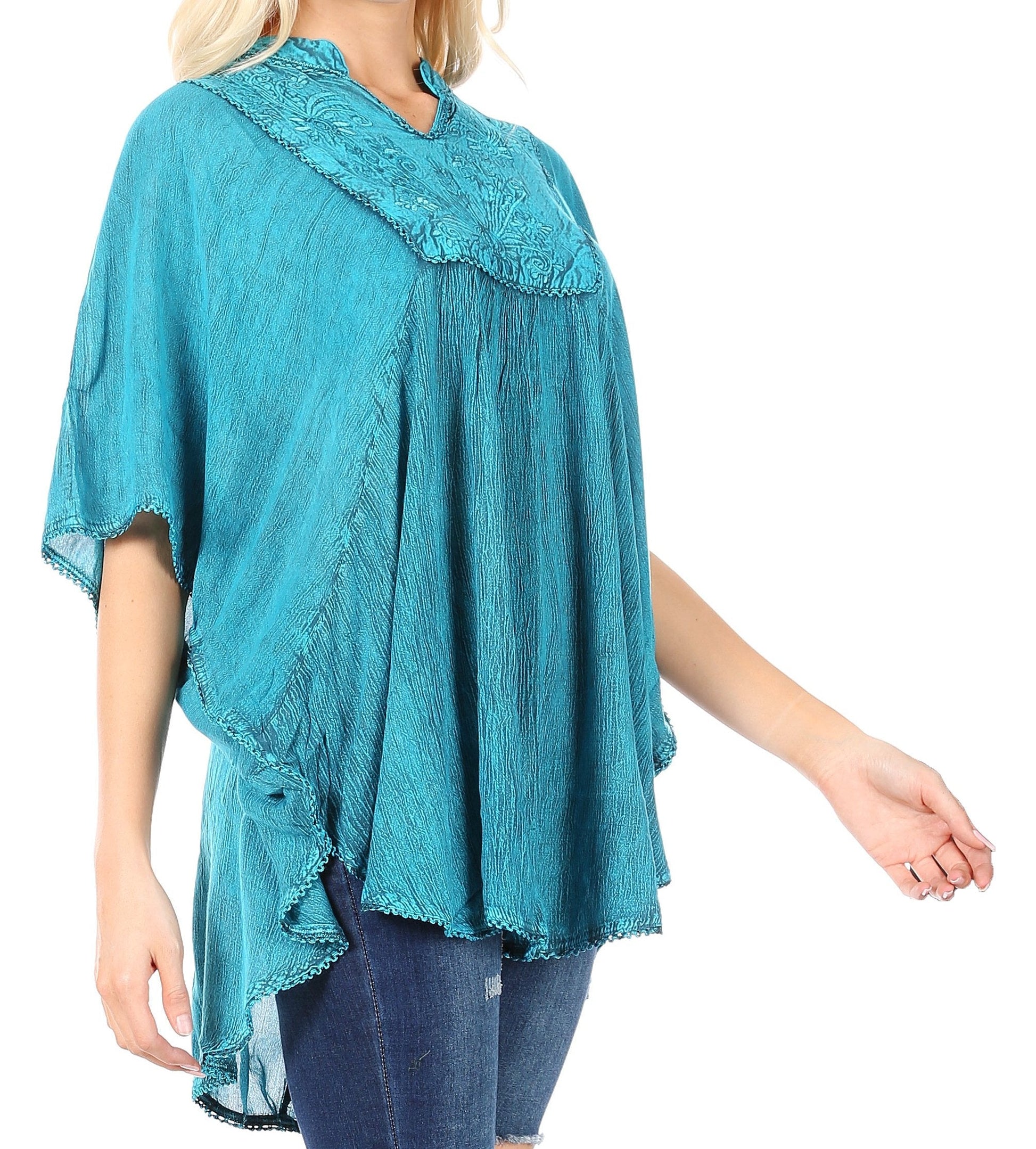 Sakkas Amori V-Neck Embroidery Poncho Top / Cover Up - Concordia Style Boutique