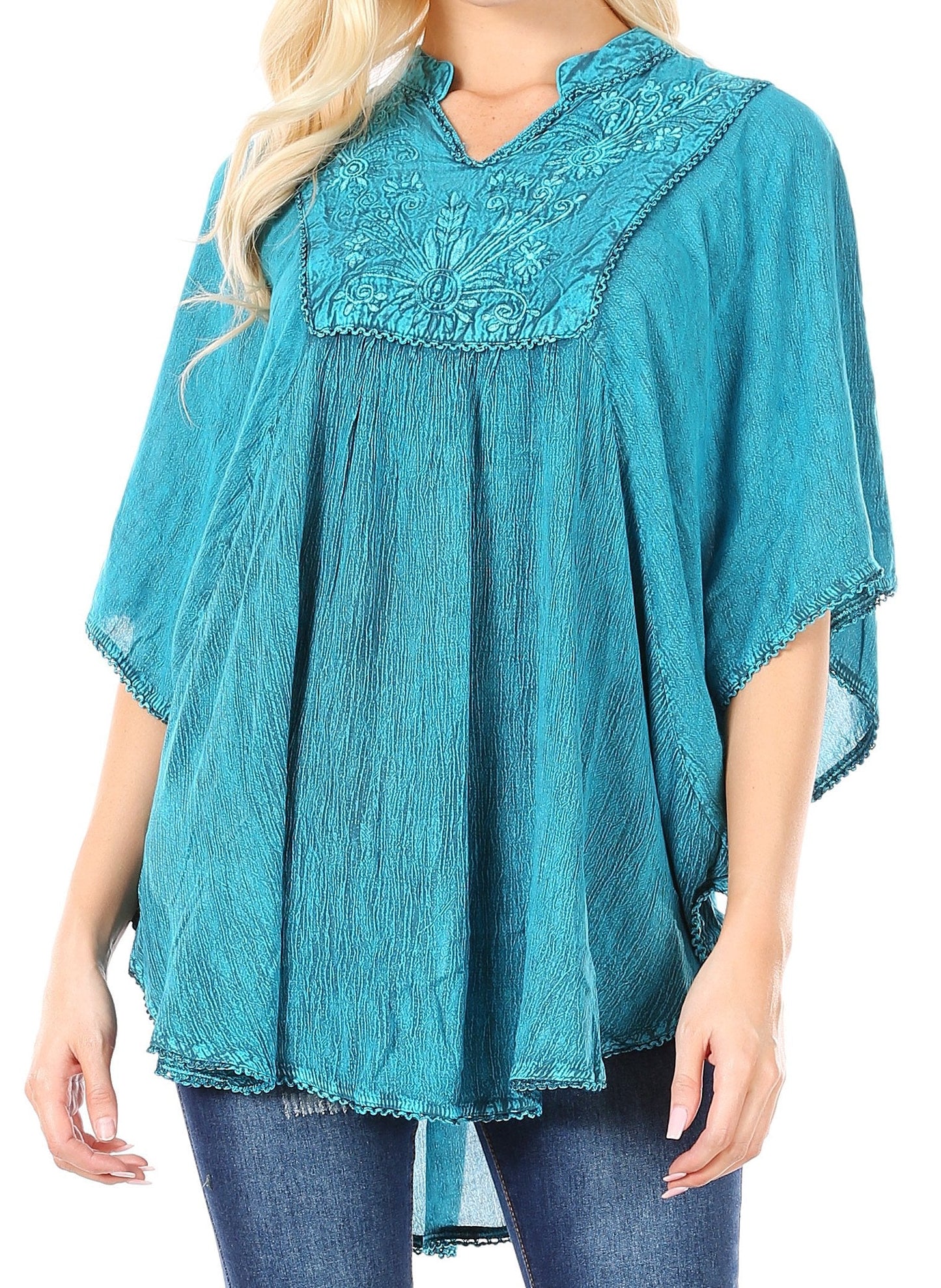 Sakkas Amori V-Neck Embroidery Poncho Top / Cover Up - Concordia Style Boutique