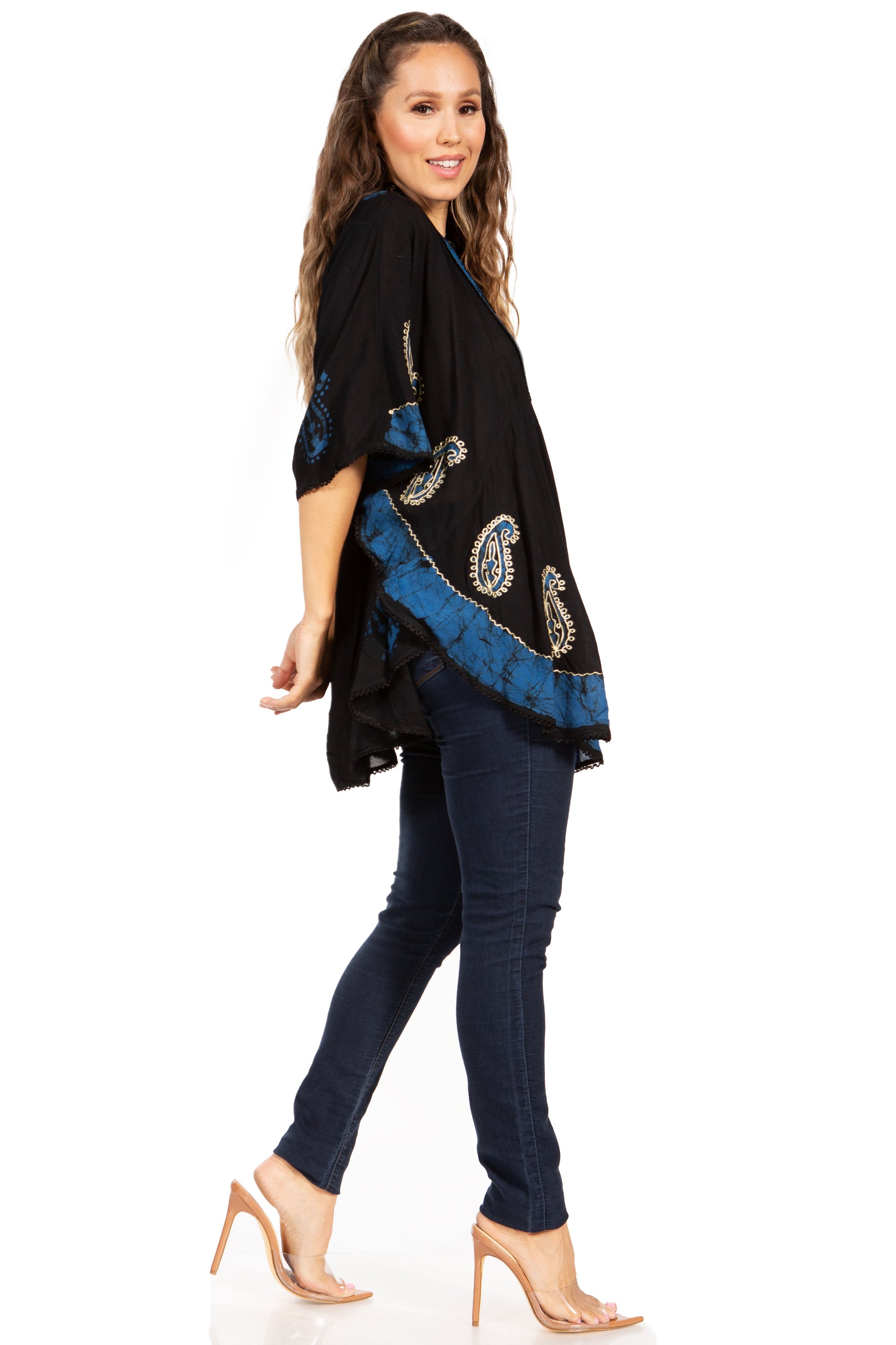 Sakkas Amori V-Neck Embroidery Poncho Top / Cover Up - Concordia Style Boutique